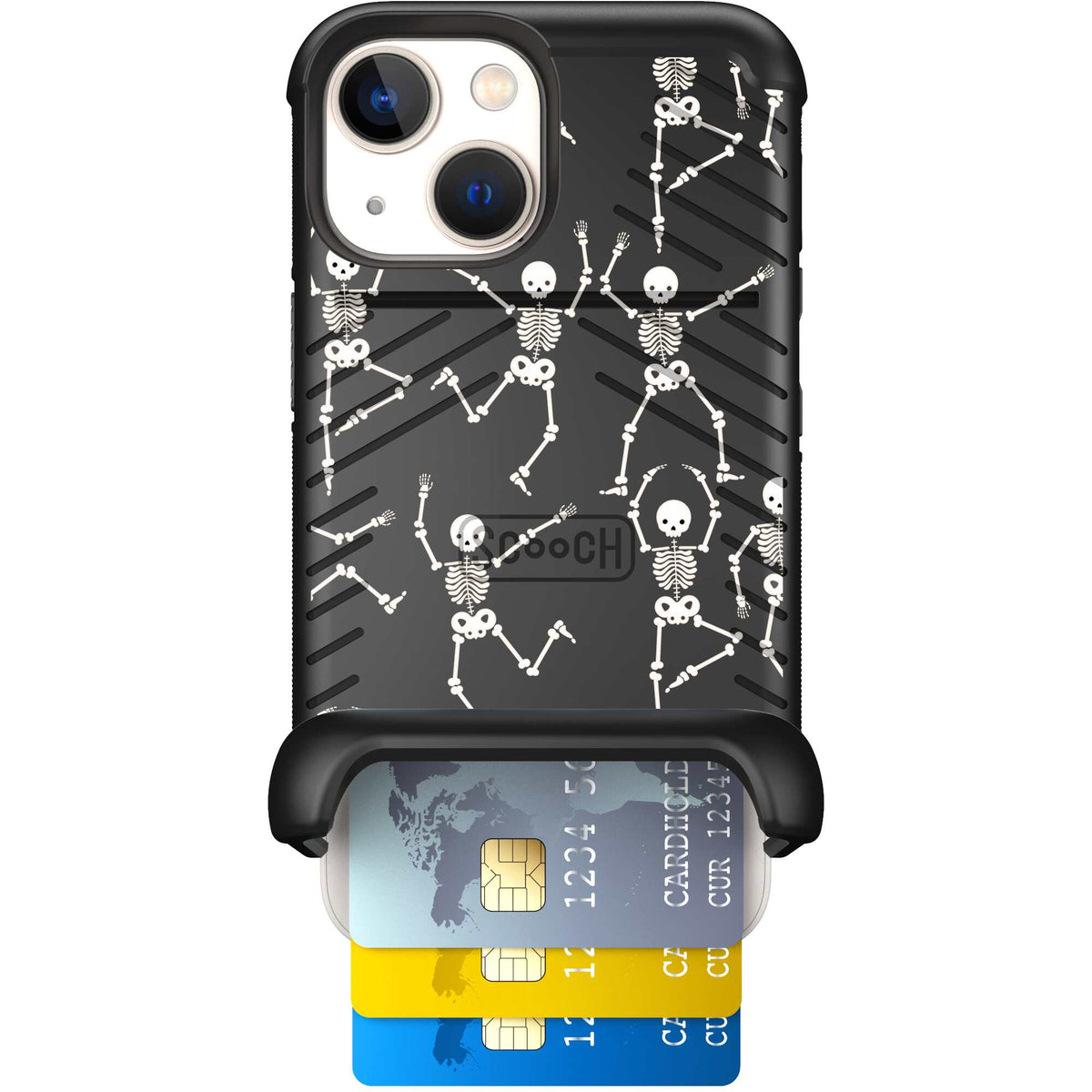Swinging Skeletons white dancing skeleton pattern on a black Scooch Wingmate case for iPhone 13 mini