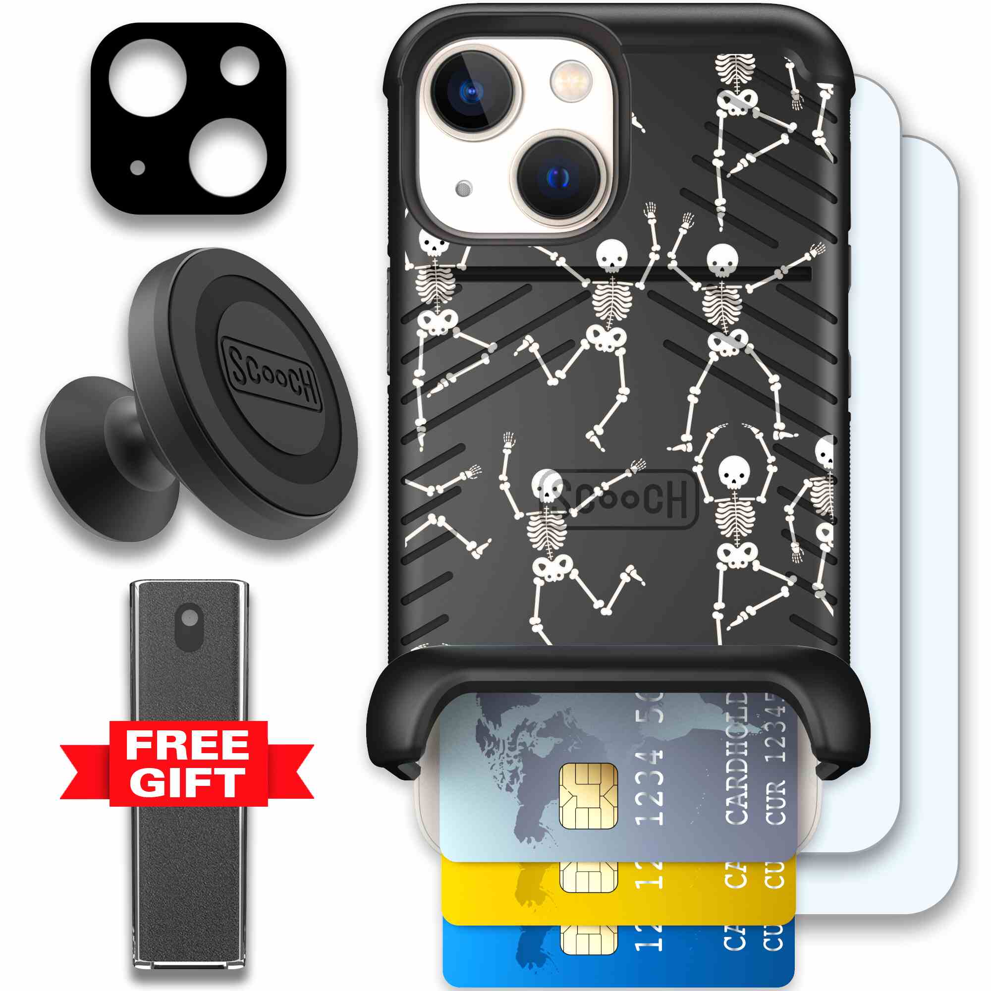 Swinging Skeletons white dancing skeleton pattern on a black Scooch Wingmate case for iPhone 13 mini - Defender Bundle