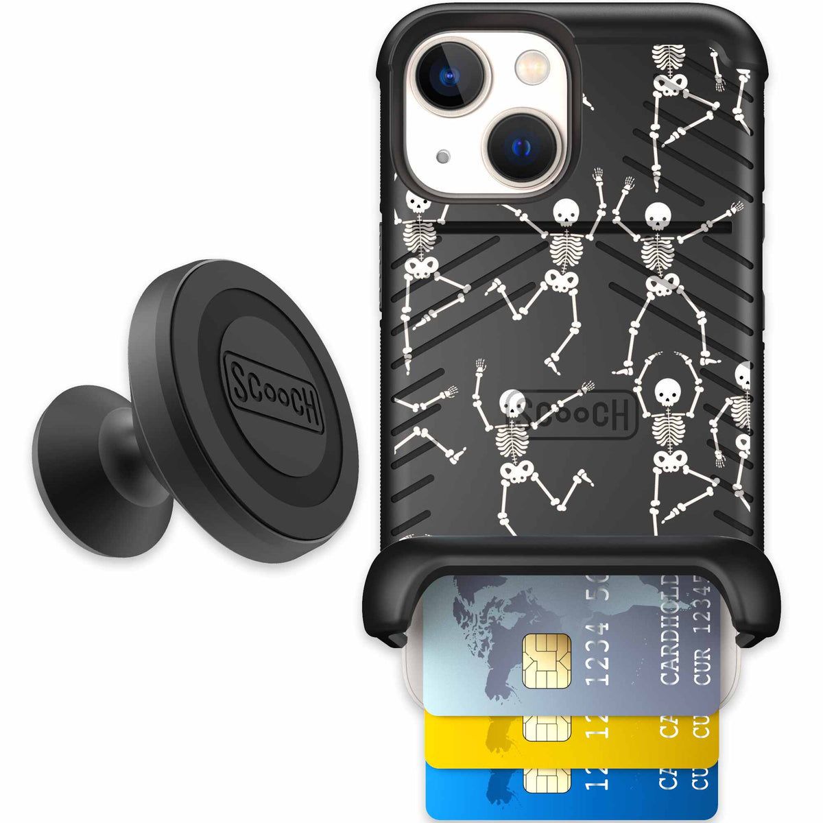 Swinging Skeletons white dancing skeleton pattern on a black Scooch Wingmate case for iPhone 13 mini - Starter Bundle