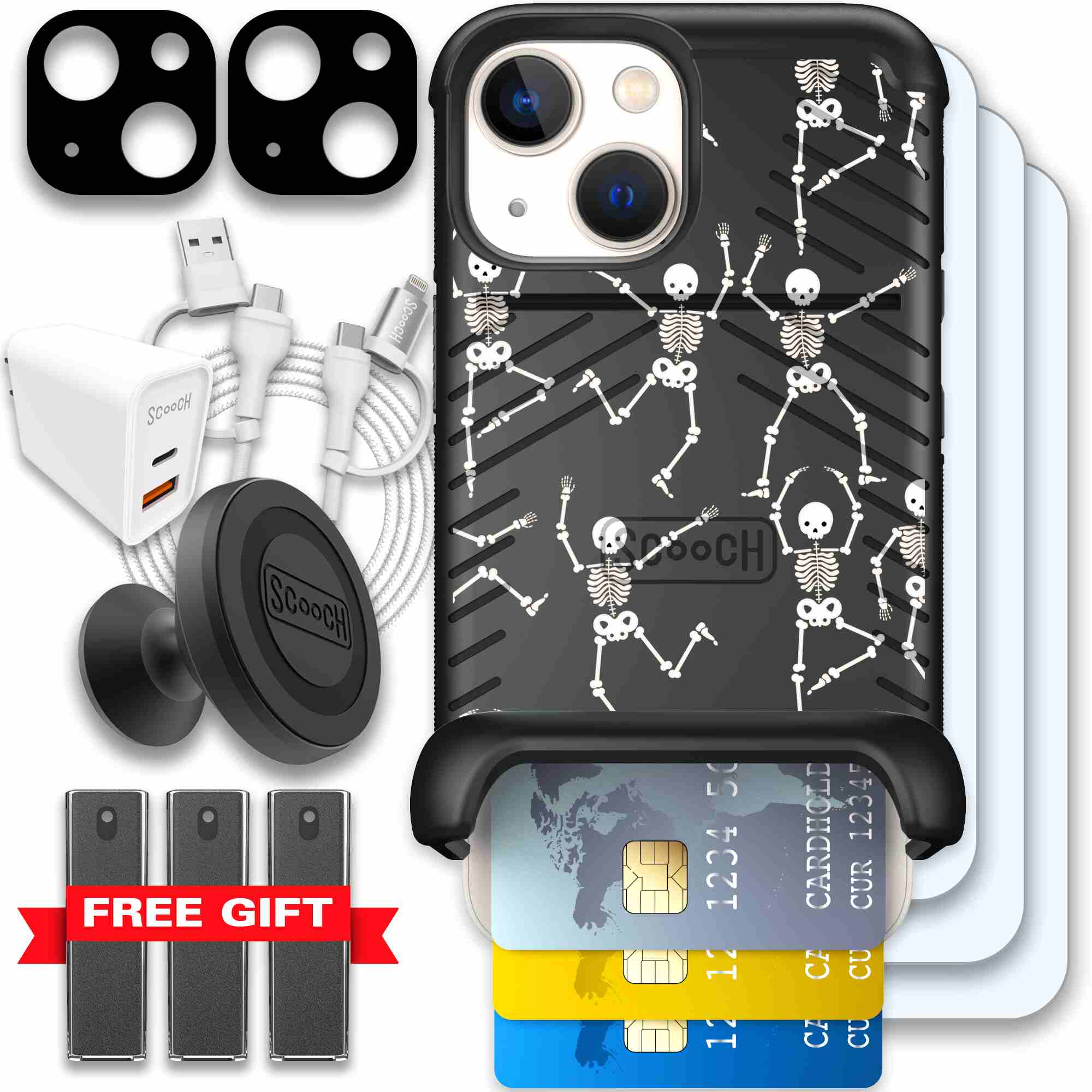 Swinging Skeletons white dancing skeleton pattern on a black Scooch Wingmate case for iPhone 13 mini - Ultimate Bundle