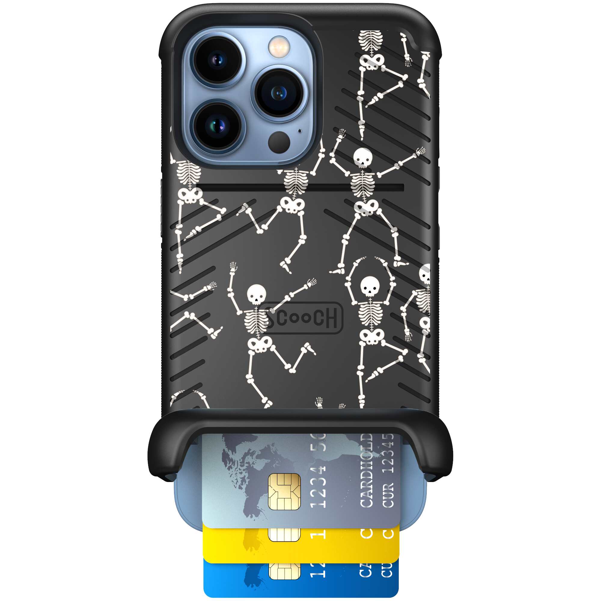 Swinging Skeletons white dancing skeleton pattern on a black Scooch Wingmate case for iPhone 13 Pro