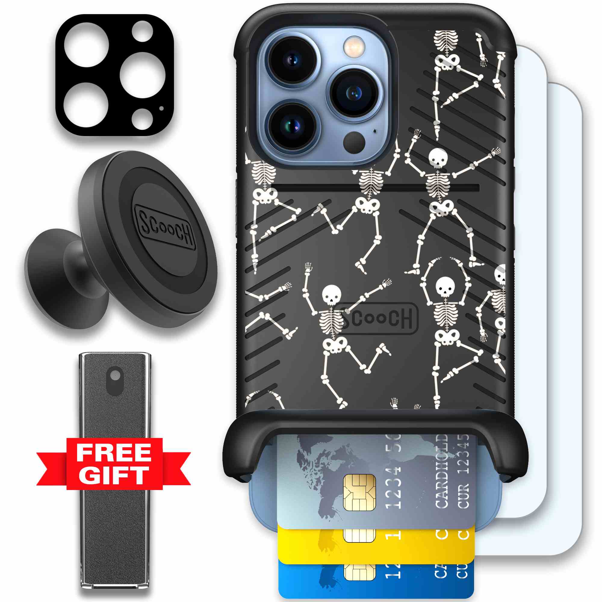 Swinging Skeletons white dancing skeleton pattern on a black Scooch Wingmate case for iPhone 13 Pro - Defender Bundle