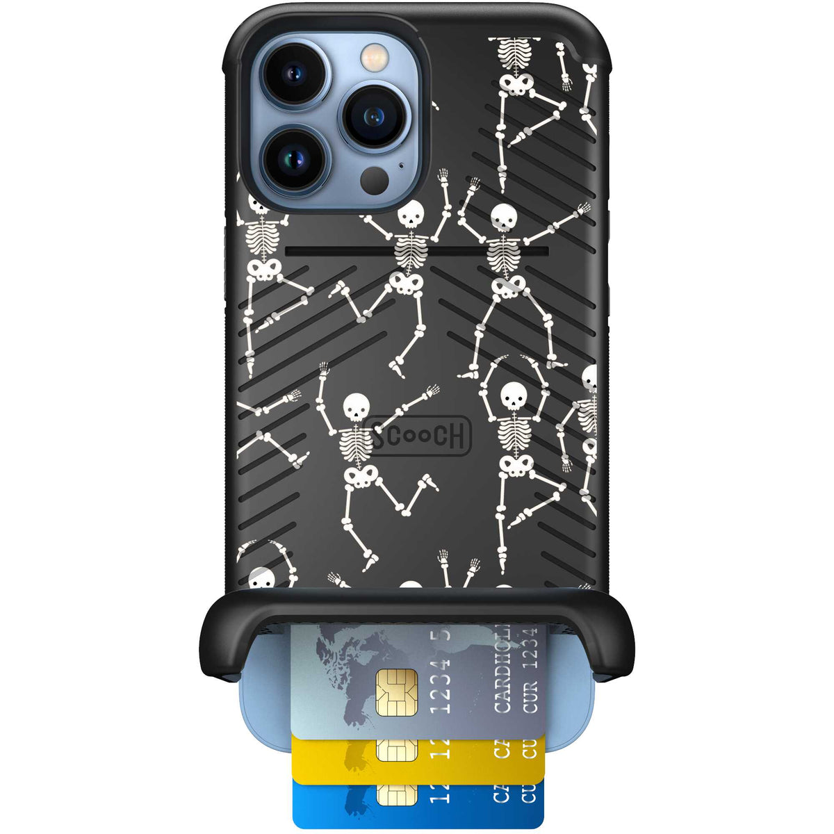 Swinging Skeletons white dancing skeleton pattern on a black Scooch Wingmate case for iPhone 13 Pro Max