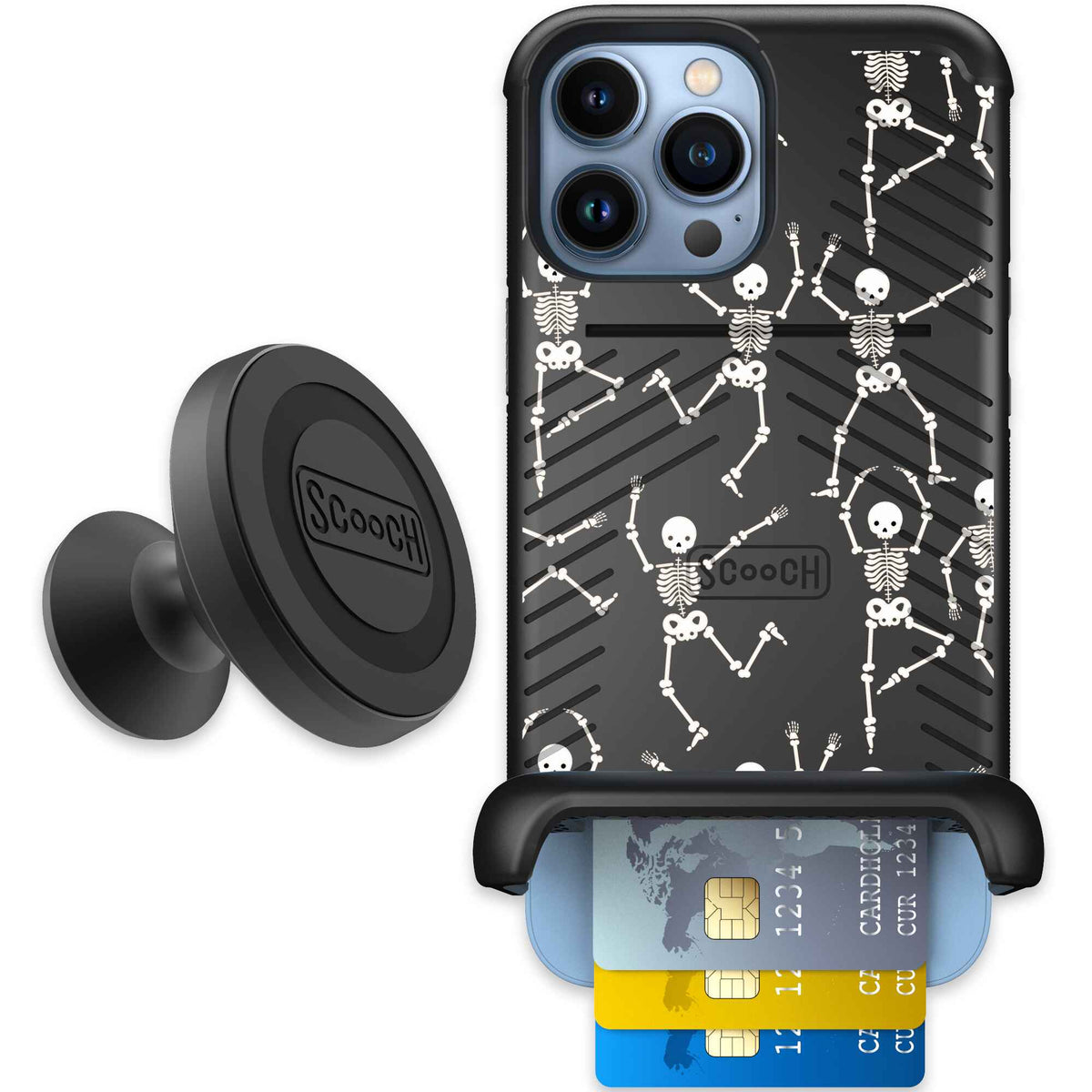 Swinging Skeletons white dancing skeleton pattern on a black Scooch Wingmate case for iPhone 13 Pro Max - Starter Bundle