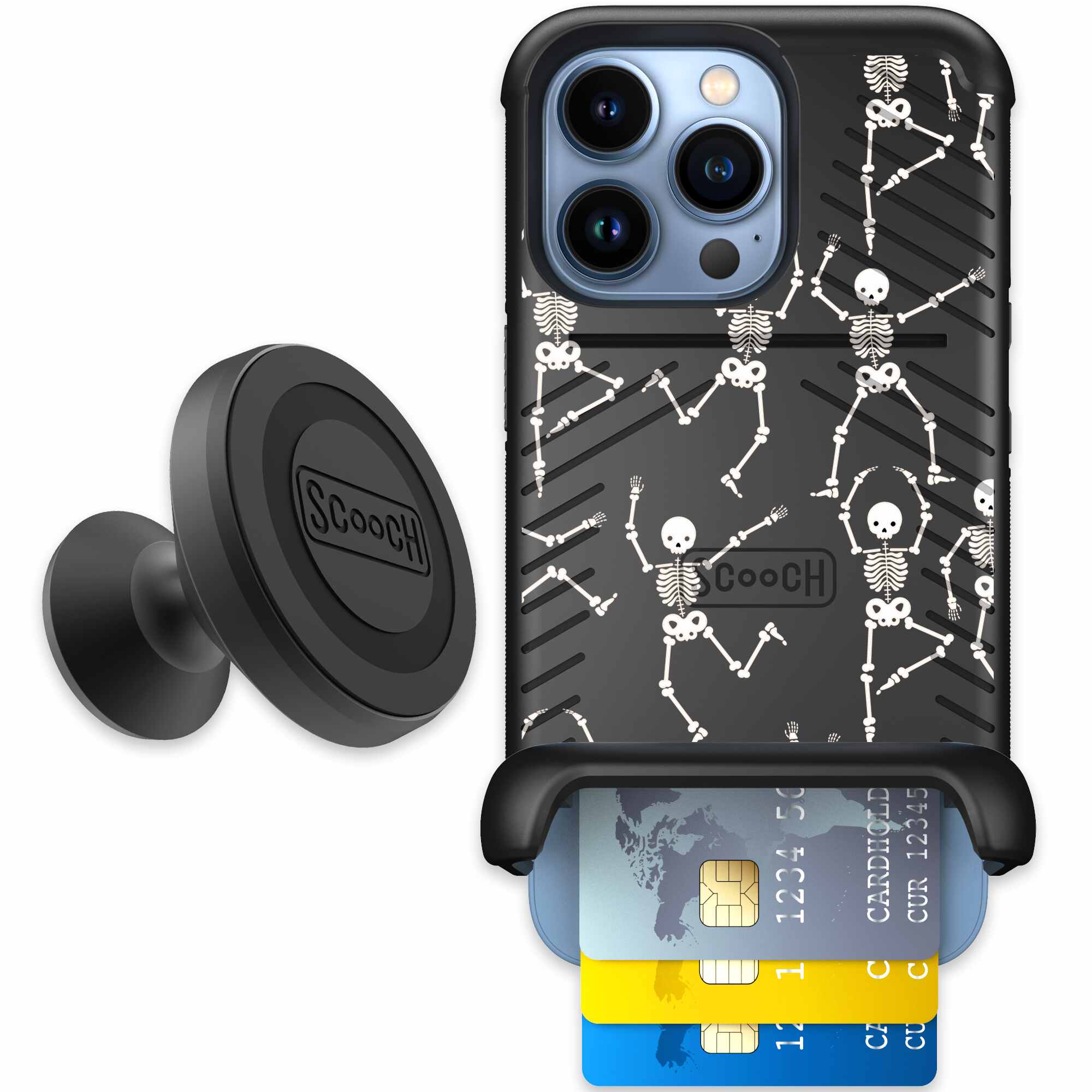Swinging Skeletons white dancing skeleton pattern on a black Scooch Wingmate case for iPhone 13 Pro - Starter Bundle
