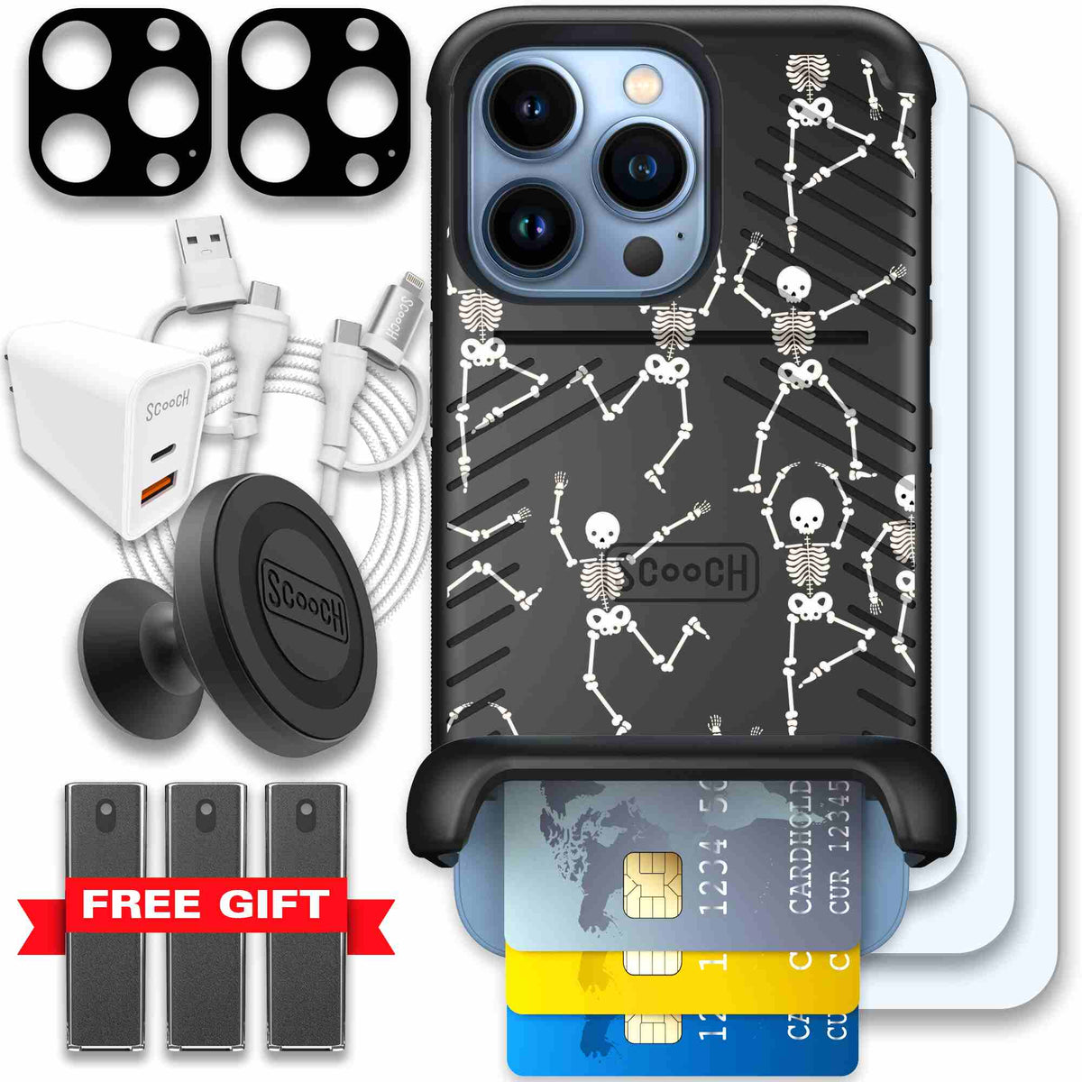 Swinging Skeletons white dancing skeleton pattern on a black Scooch Wingmate case for iPhone 13 Pro - Ultimate Bundle