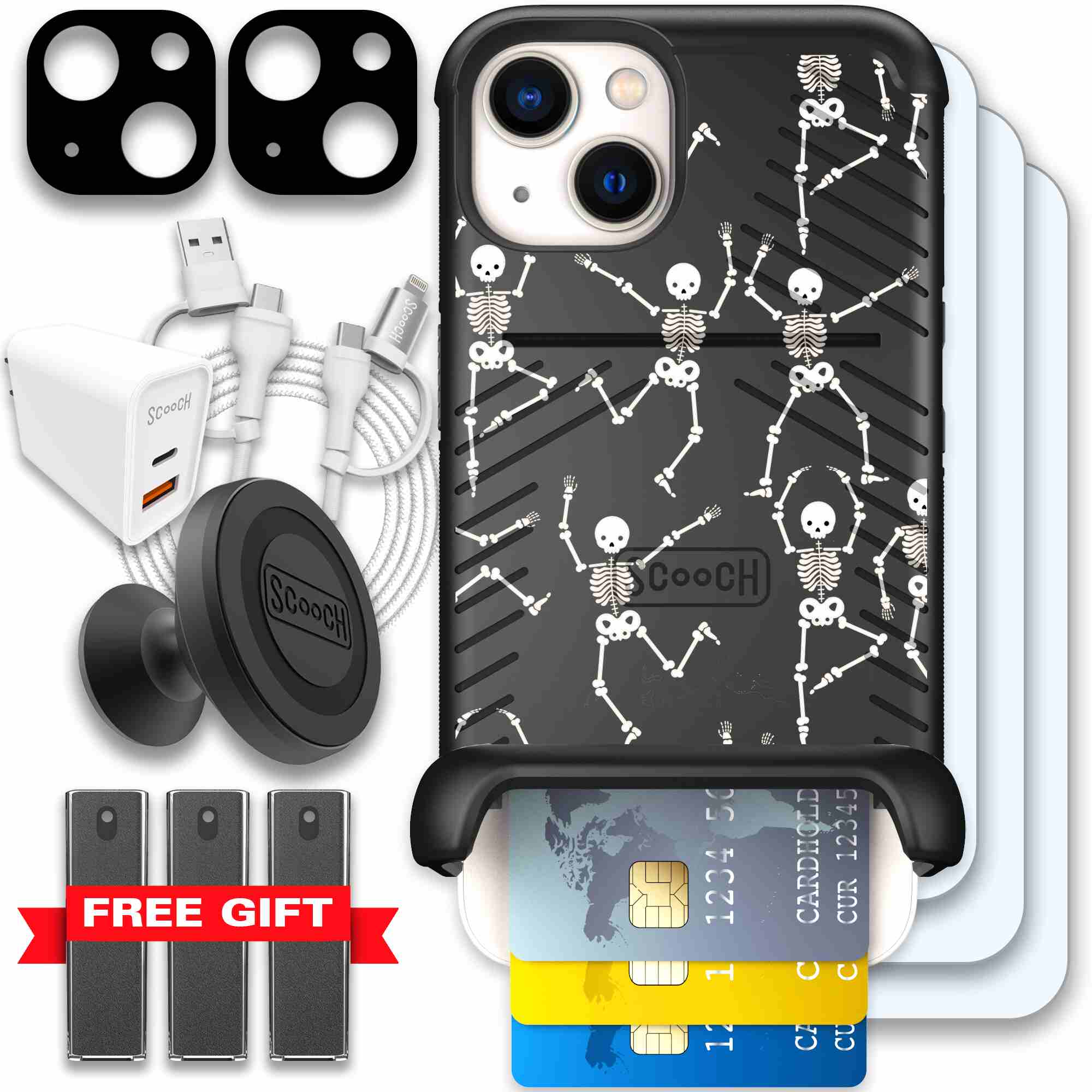Swinging Skeletons white dancing skeleton pattern on a black Scooch Wingmate case for iPhone 13 - Ultimate Bundle