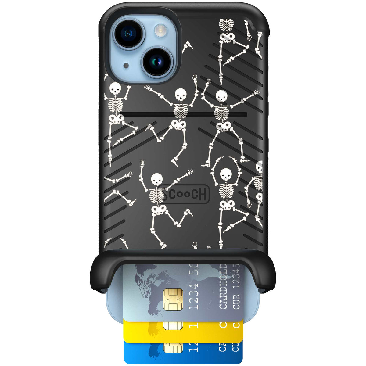 Swinging Skeletons white dancing skeleton pattern on a black Scooch Wingmate case for iPhone 14