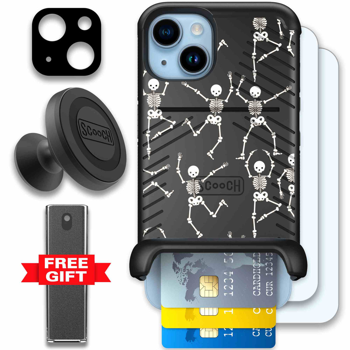 Swinging Skeletons white dancing skeleton pattern on a black Scooch Wingmate case for iPhone 14 - Defender Bundle