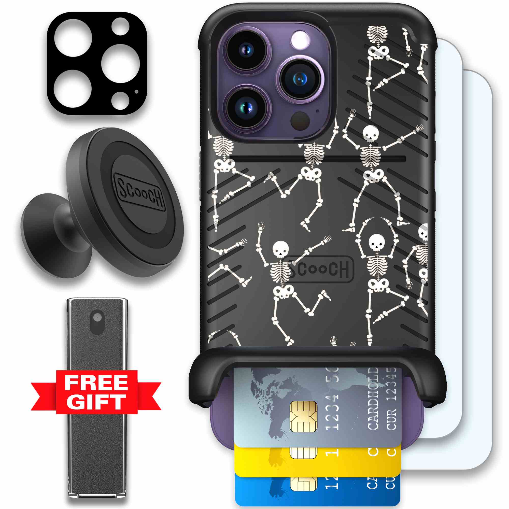 Swinging Skeletons white dancing skeleton pattern on a black Scooch Wingmate case for iPhone 14 Pro - Defender Bundle