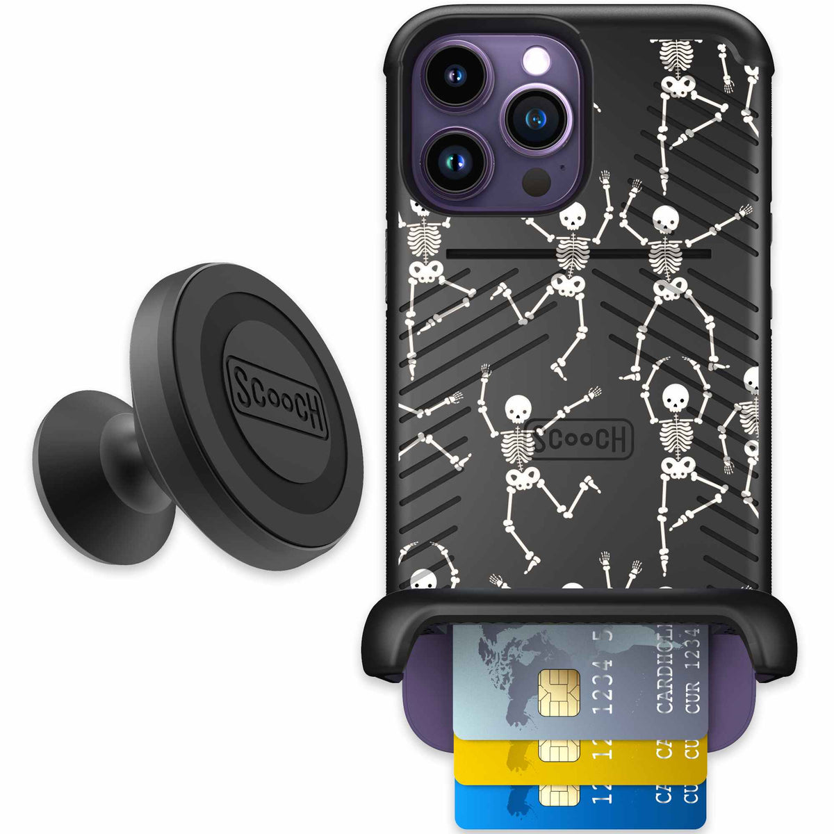 Swinging Skeletons white dancing skeleton pattern on a black Scooch Wingmate case for iPhone 14 Pro Max - Starter Bundle