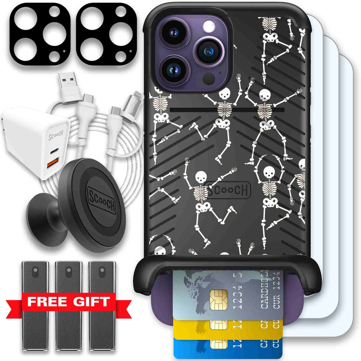 Swinging Skeletons white dancing skeleton pattern on a black Scooch Wingmate case for iPhone 14 Pro Max - Ultimate Bundle