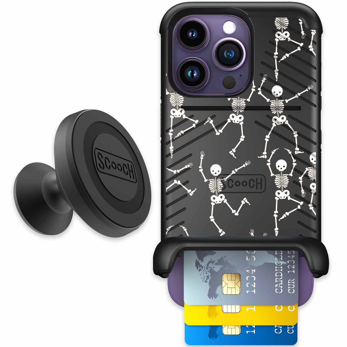 Swinging Skeletons white dancing skeleton pattern on a black Scooch Wingmate case for iPhone 14 Pro - Starter Bundle