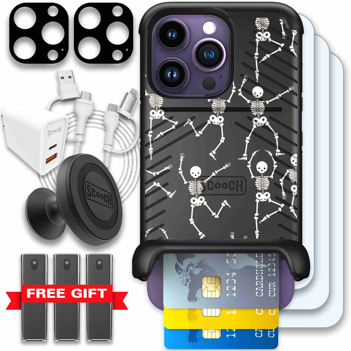 Swinging Skeletons white dancing skeleton pattern on a black Scooch Wingmate case for iPhone 14 Pro - Ultimate Bundle