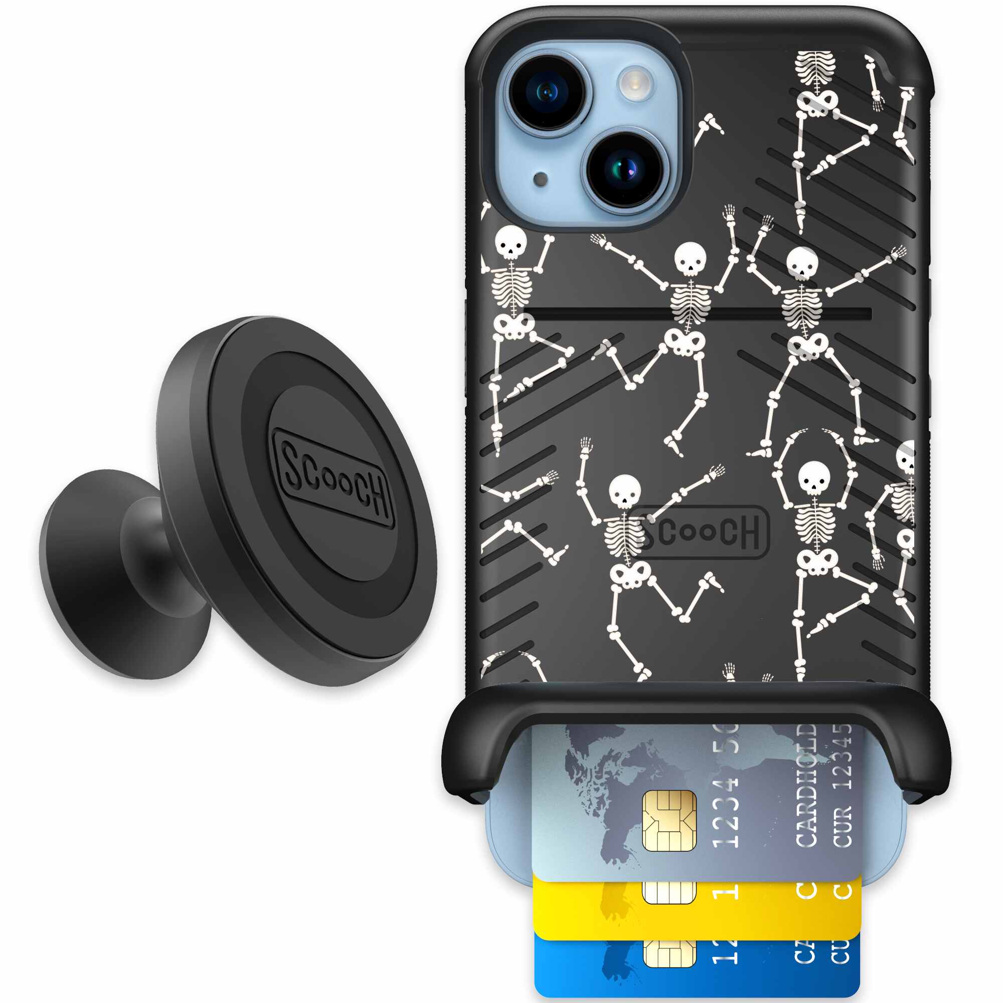 Swinging Skeletons white dancing skeleton pattern on a black Scooch Wingmate case for iPhone 14 - Starter Bundle