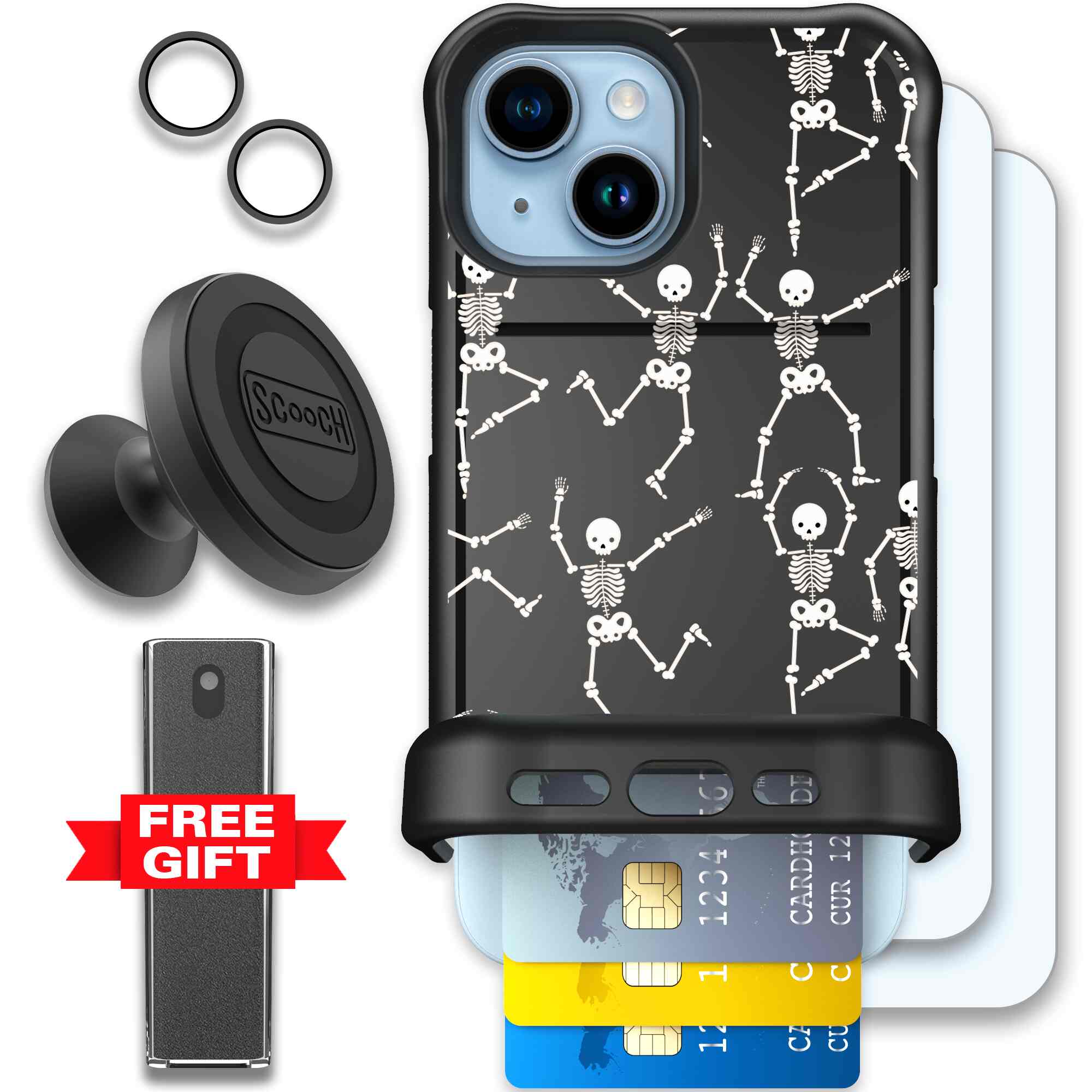 Swinging Skeletons white dancing skeleton pattern on a black Scooch Wingmate case for iPhone 15 - Defender Bundle