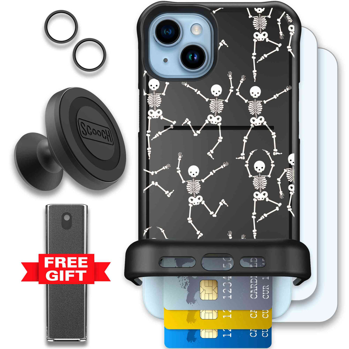 Swinging Skeletons white dancing skeleton pattern on a black Scooch Wingmate case for iPhone 15 Plus - Defender Bundle