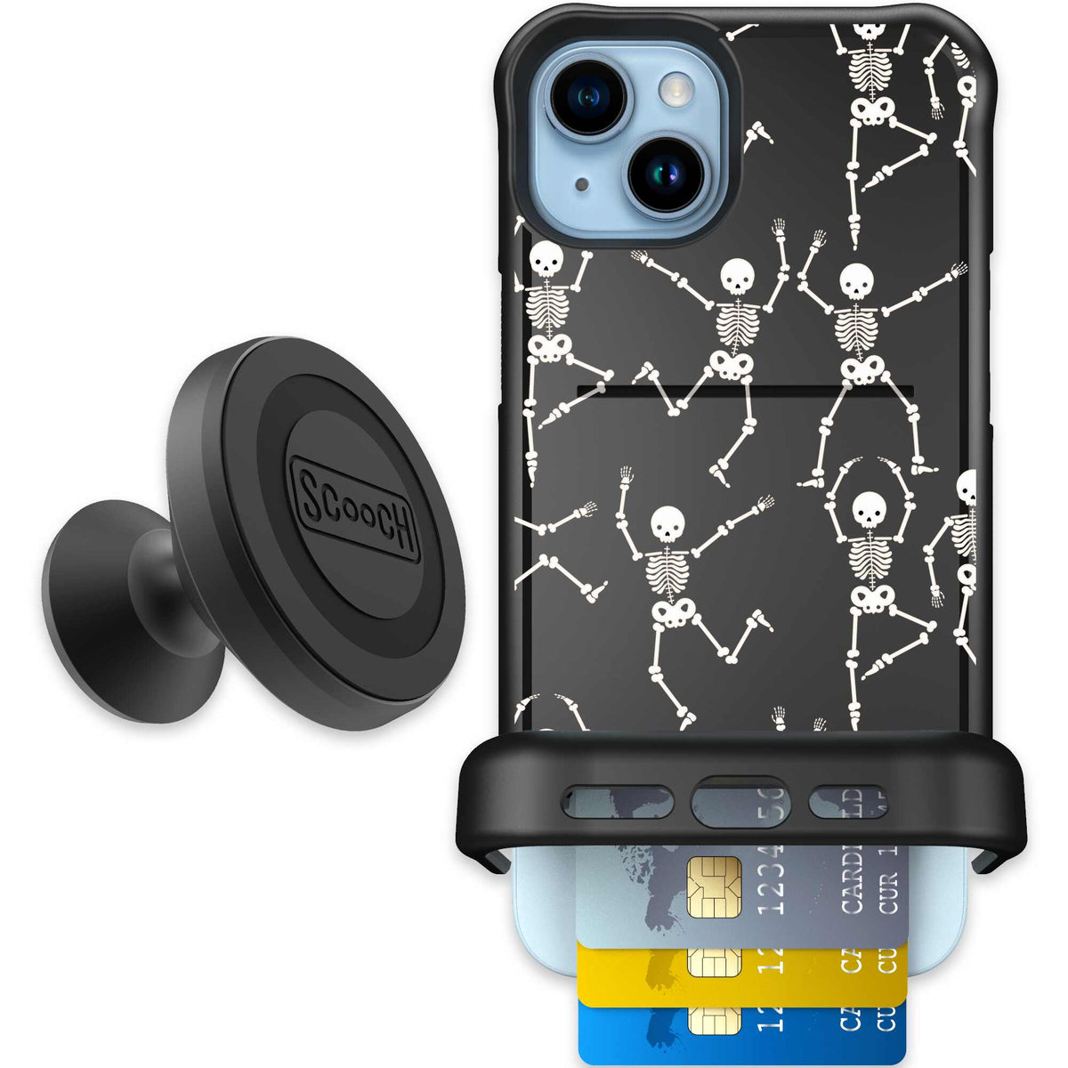 Swinging Skeletons white dancing skeleton pattern on a black Scooch Wingmate case for iPhone 15 Plus - Starter Bundle