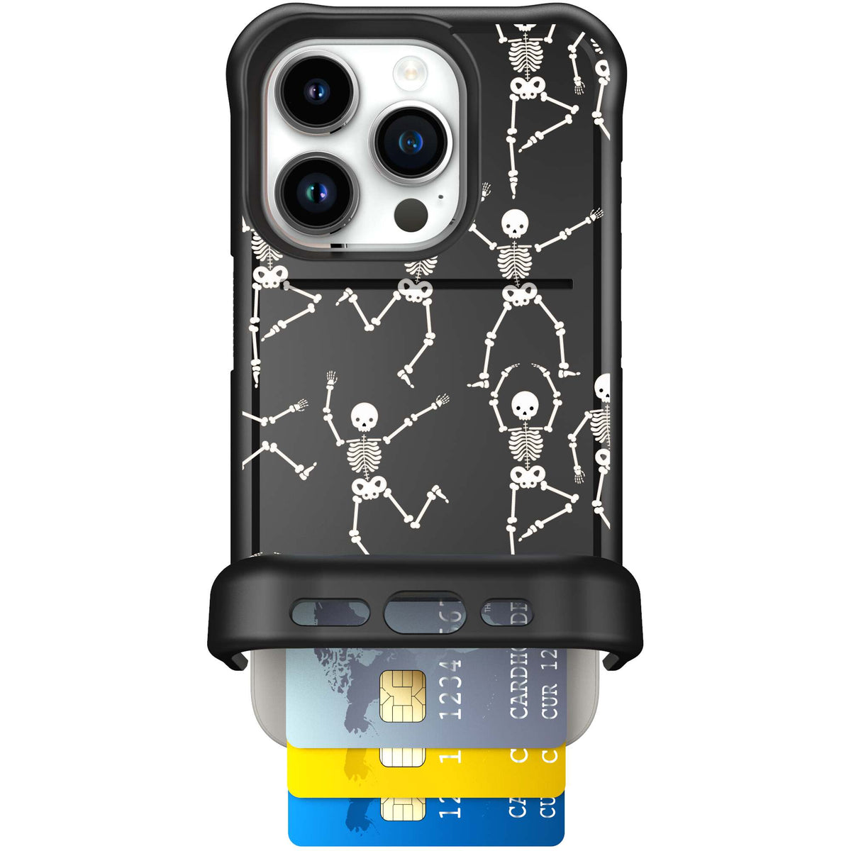 Swinging Skeletons white dancing skeleton pattern on a black Scooch Wingmate case for iPhone 15 Pro