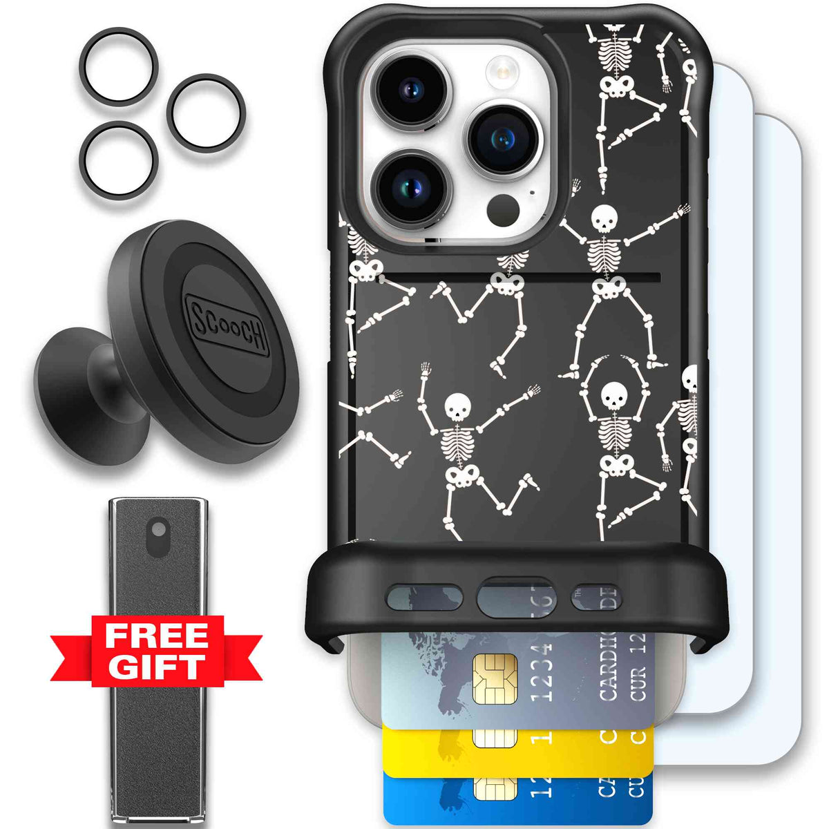 Swinging Skeletons white dancing skeleton pattern on a black Scooch Wingmate case for iPhone 15 Pro - Defender Bundle