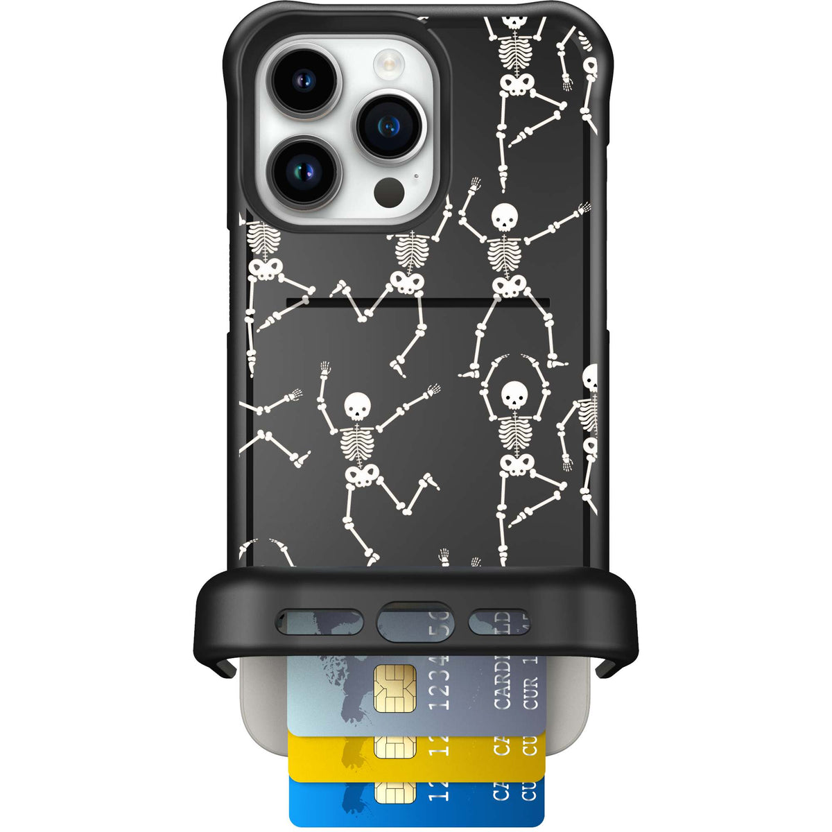 Swinging Skeletons white dancing skeleton pattern on a black Scooch Wingmate case for iPhone 15 Pro Max