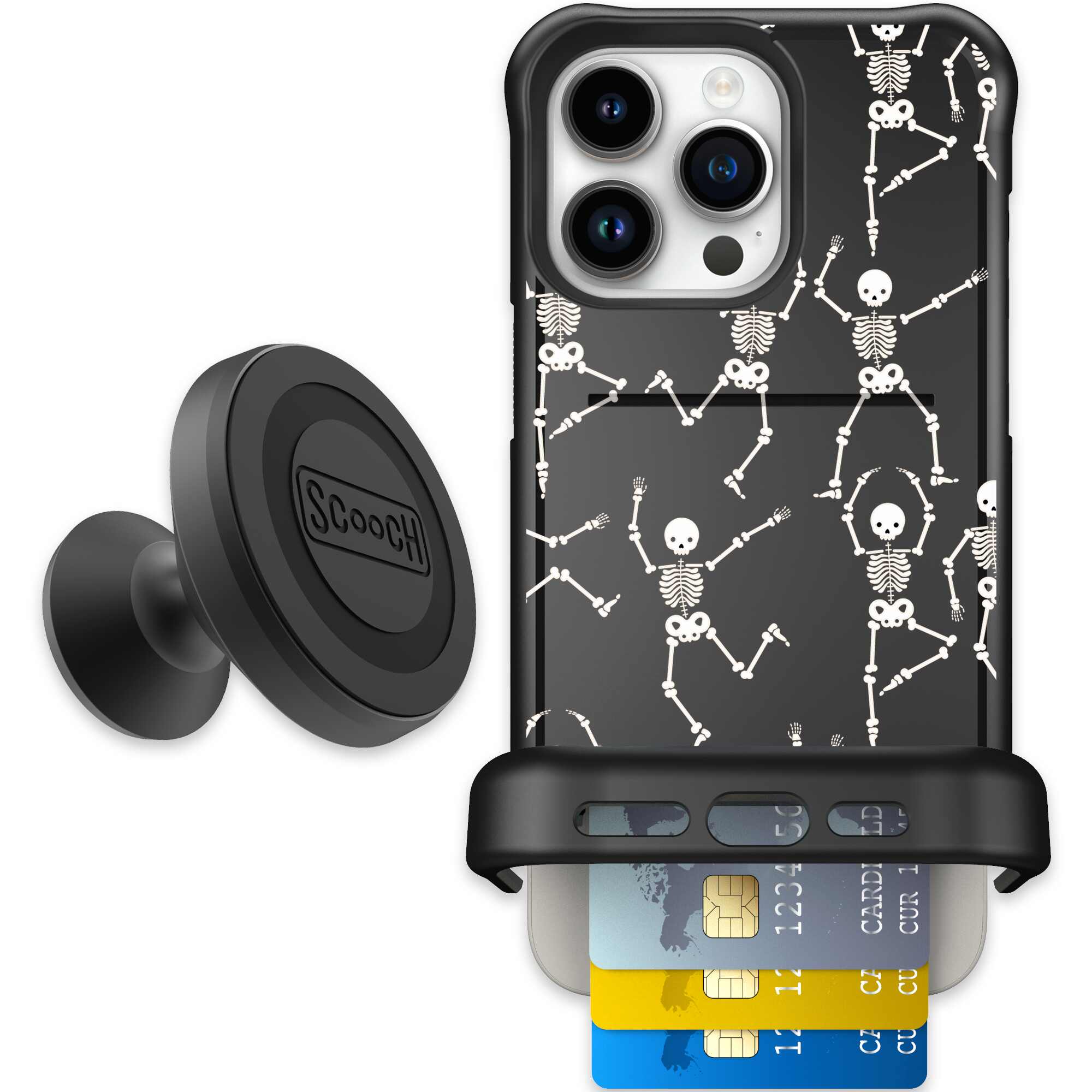 Swinging Skeletons white dancing skeleton pattern on a black Scooch Wingmate case for iPhone 15 Pro Max - Starter Bundle