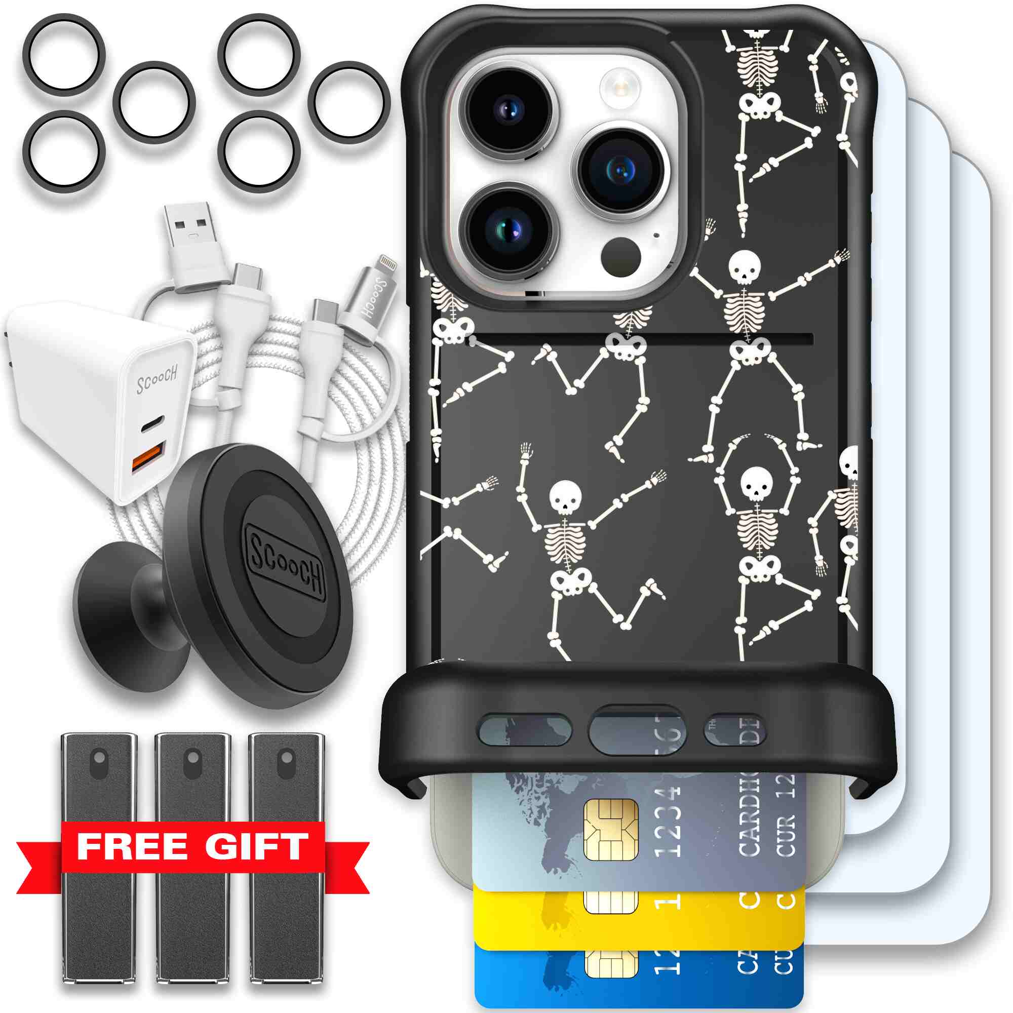 Swinging Skeletons white dancing skeleton pattern on a black Scooch Wingmate case for iPhone 15 Pro - Ultimate Bundle
