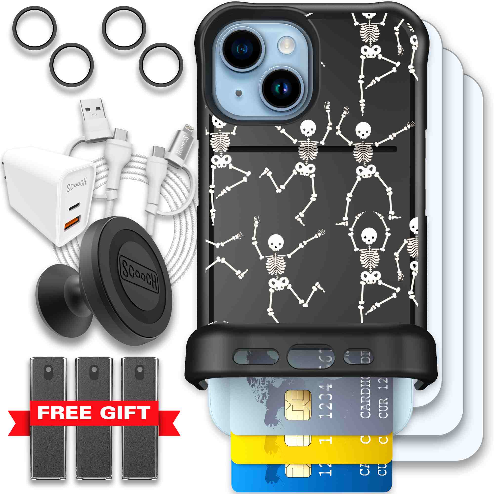 Swinging Skeletons white dancing skeleton pattern on a black Scooch Wingmate case for iPhone 15 - Ultimate Bundle