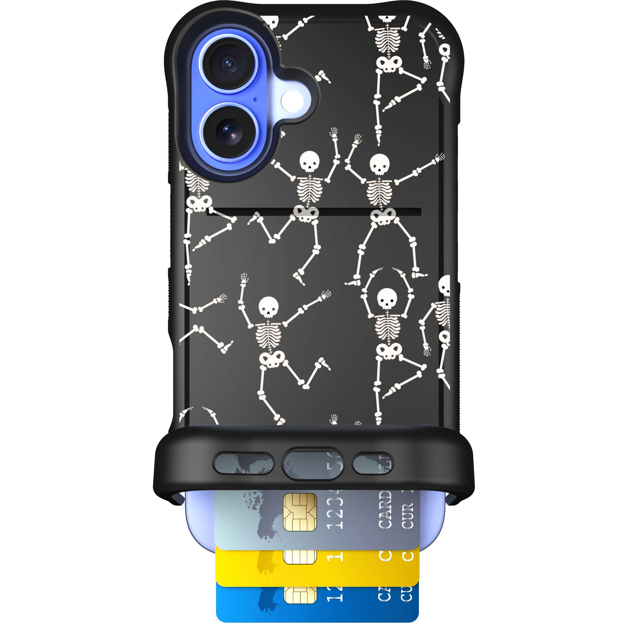 Swinging Skeletons white dancing skeleton pattern on a black Scooch Wingmate case for iPhone 16