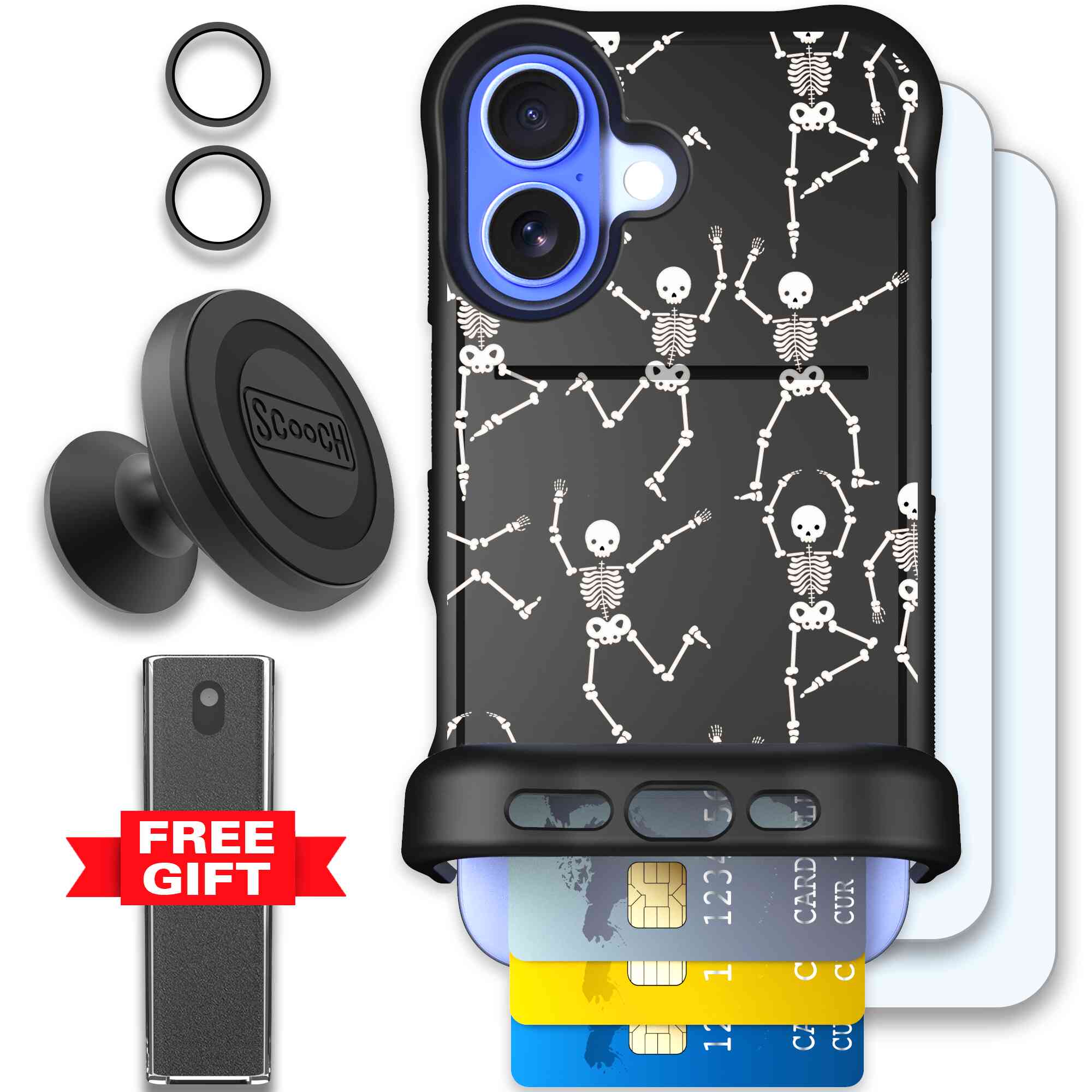 Swinging Skeletons white dancing skeleton pattern on a black Scooch Wingmate case for iPhone 16 - Defender Bundle