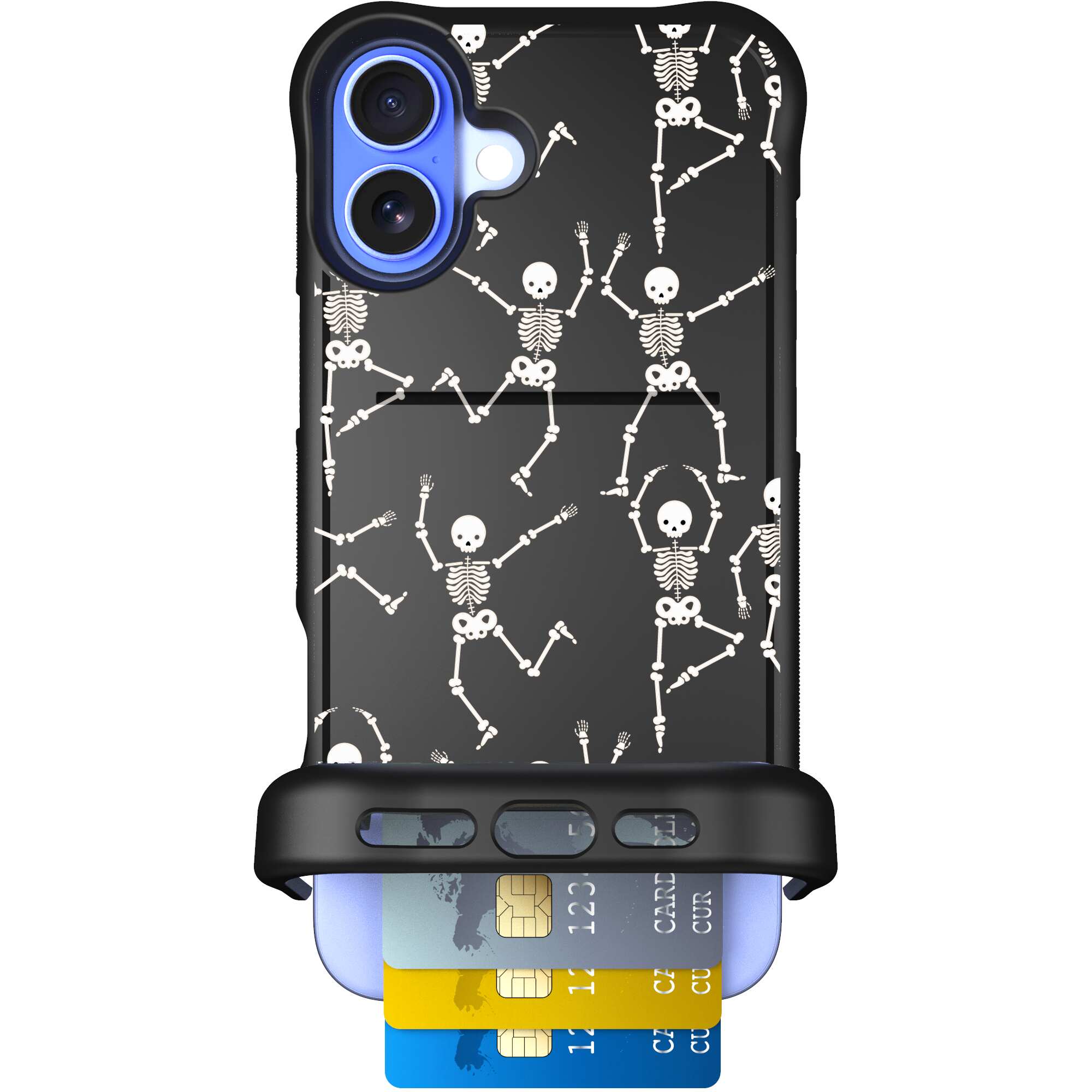 Swinging Skeletons white dancing skeleton pattern on a black Scooch Wingmate case for iPhone 16 Plus