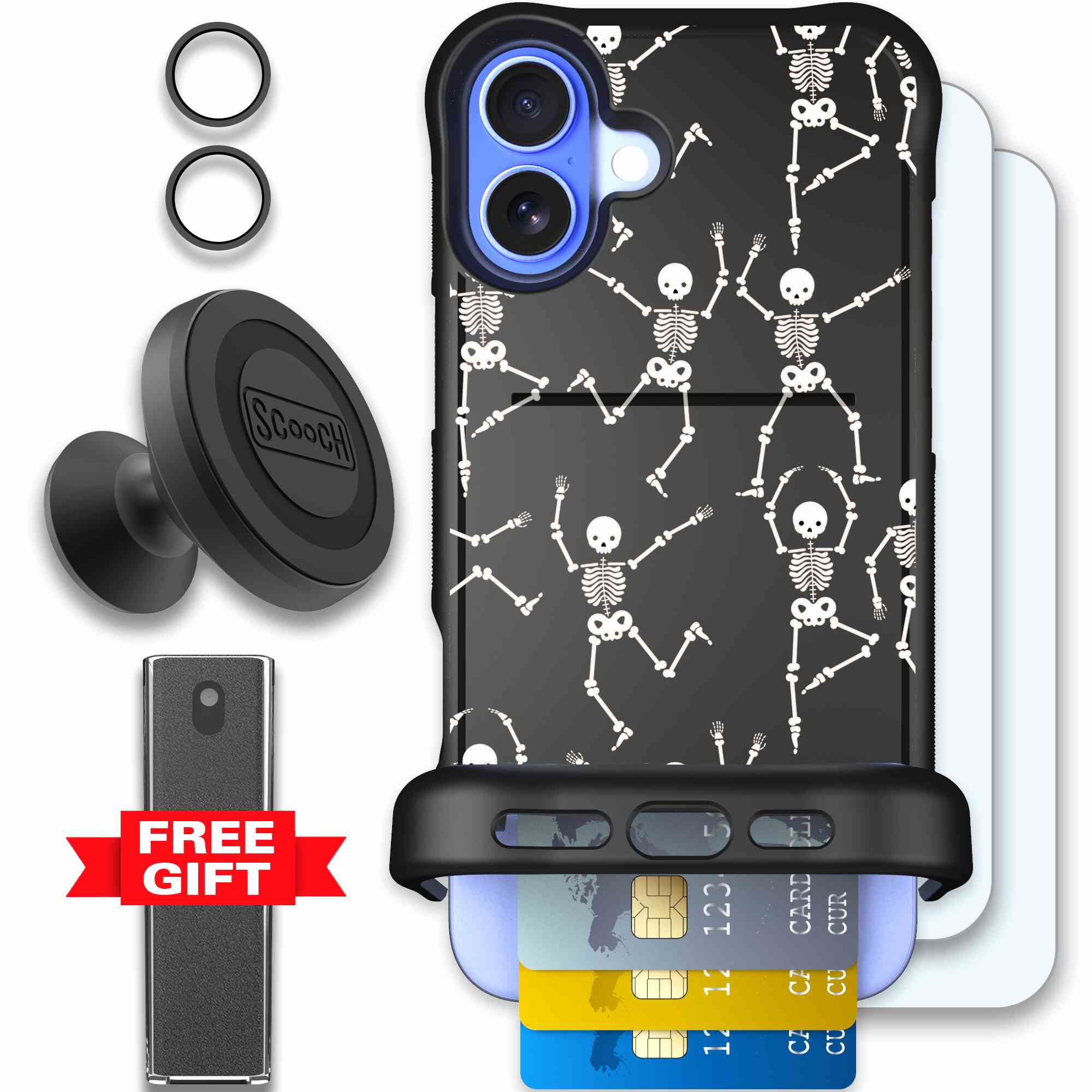 Swinging Skeletons white dancing skeleton pattern on a black Scooch Wingmate case for iPhone 16 Plus - Defender Bundle