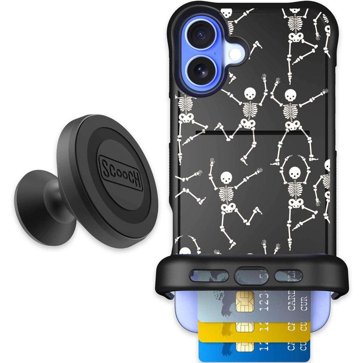 Swinging Skeletons white dancing skeleton pattern on a black Scooch Wingmate case for iPhone 16 Plus - Starter Bundle