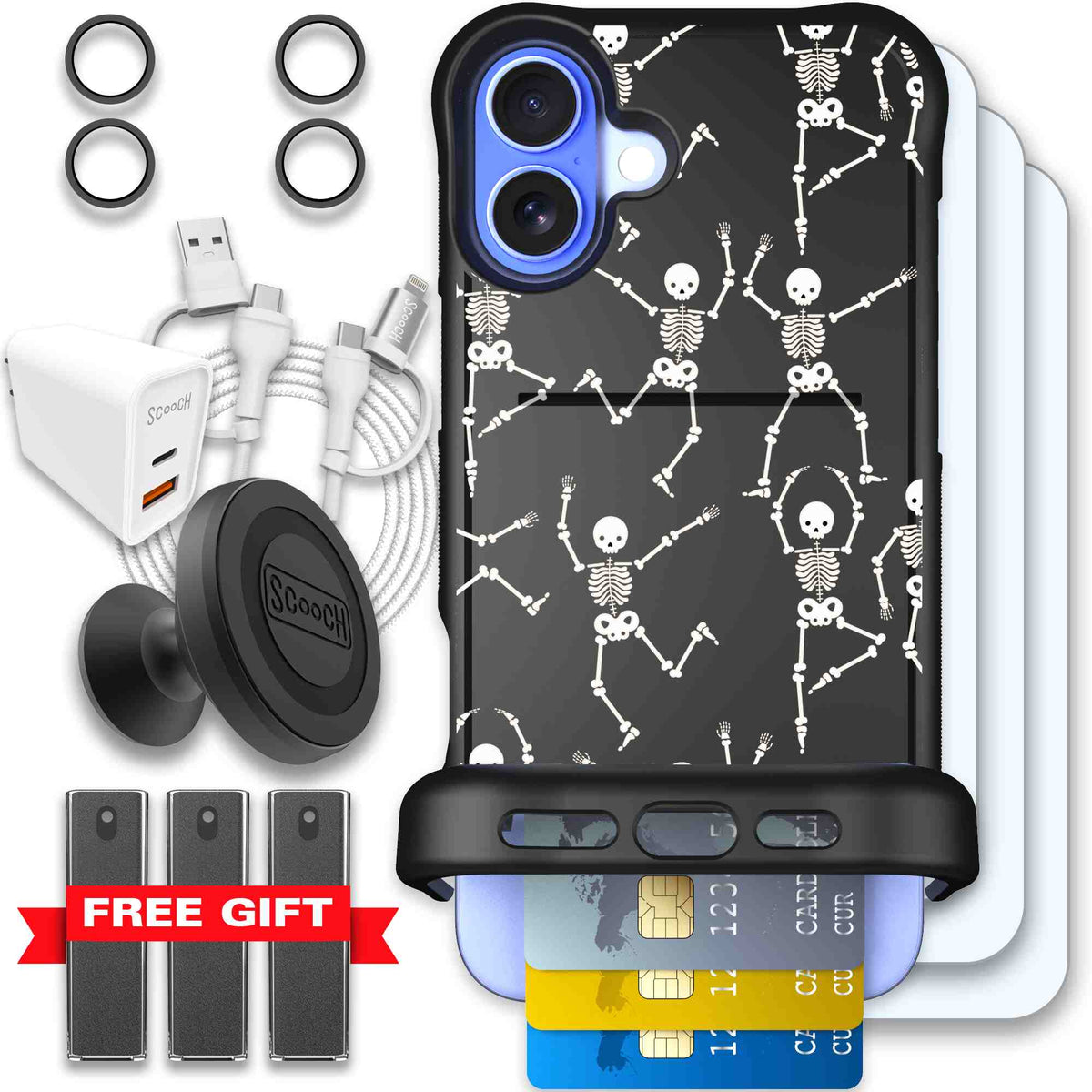 Swinging Skeletons white dancing skeleton pattern on a black Scooch Wingmate case for iPhone 16 Plus - Ultimate Bundle