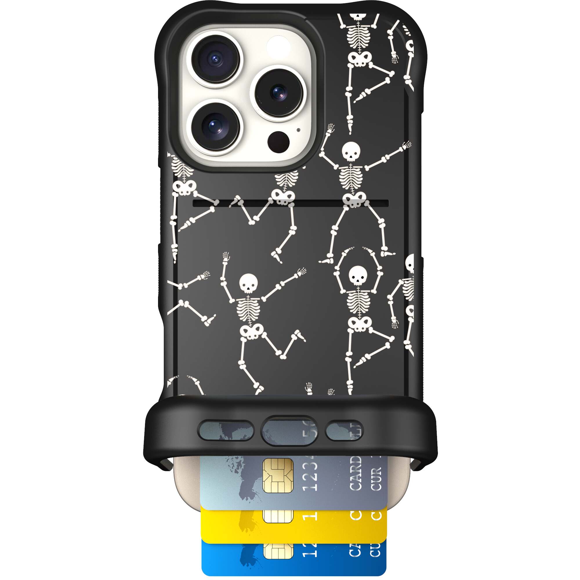 Swinging Skeletons white dancing skeleton pattern on a black Scooch Wingmate case for iPhone 16 Pro