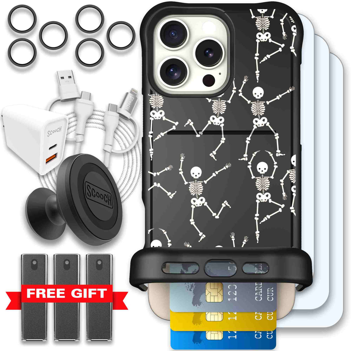 Swinging Skeletons white dancing skeleton pattern on a black Scooch Wingmate case for iPhone 16 Pro Max - Ultimate Bundle