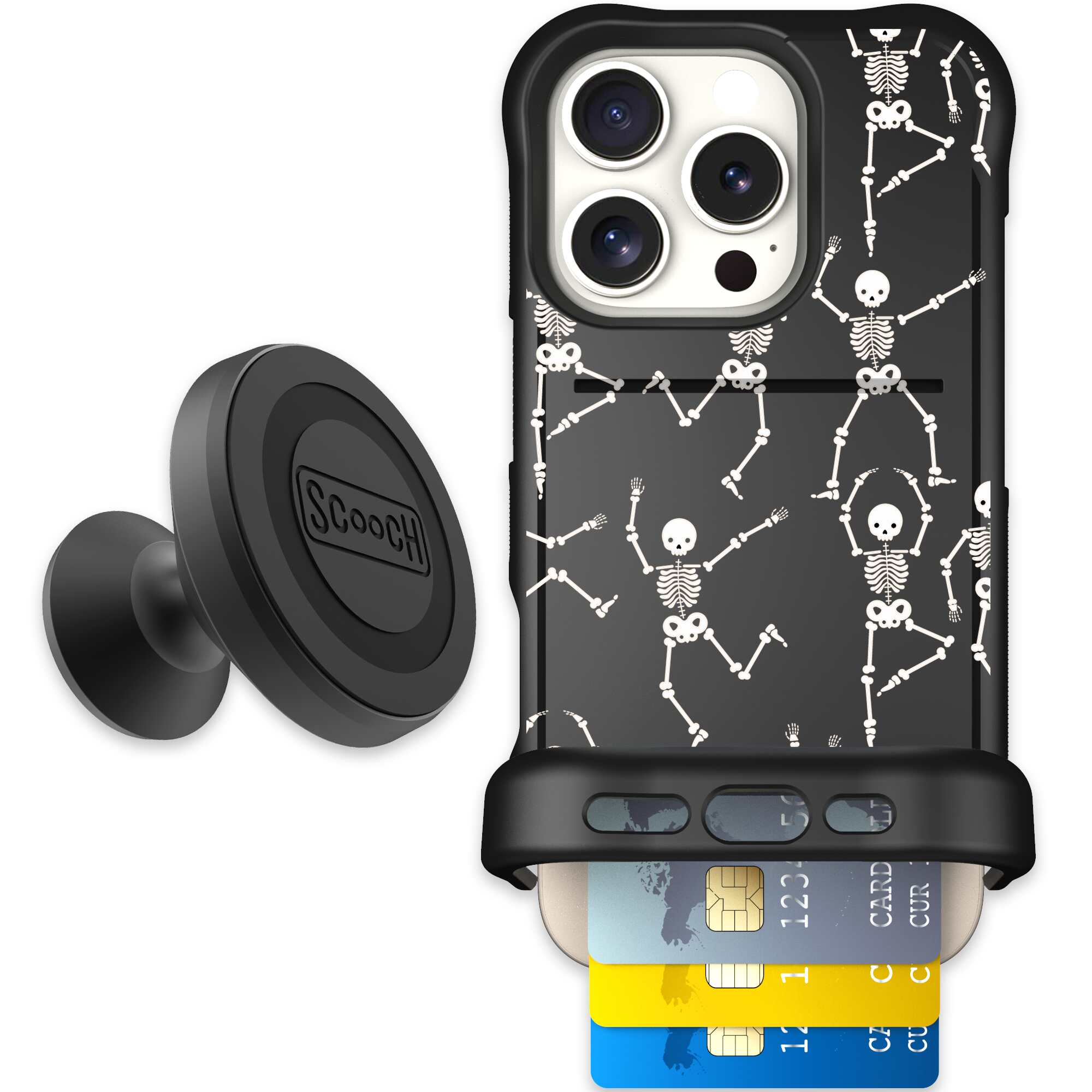 Swinging Skeletons white dancing skeleton pattern on a black Scooch Wingmate case for iPhone 16 Pro - Starter Bundle
