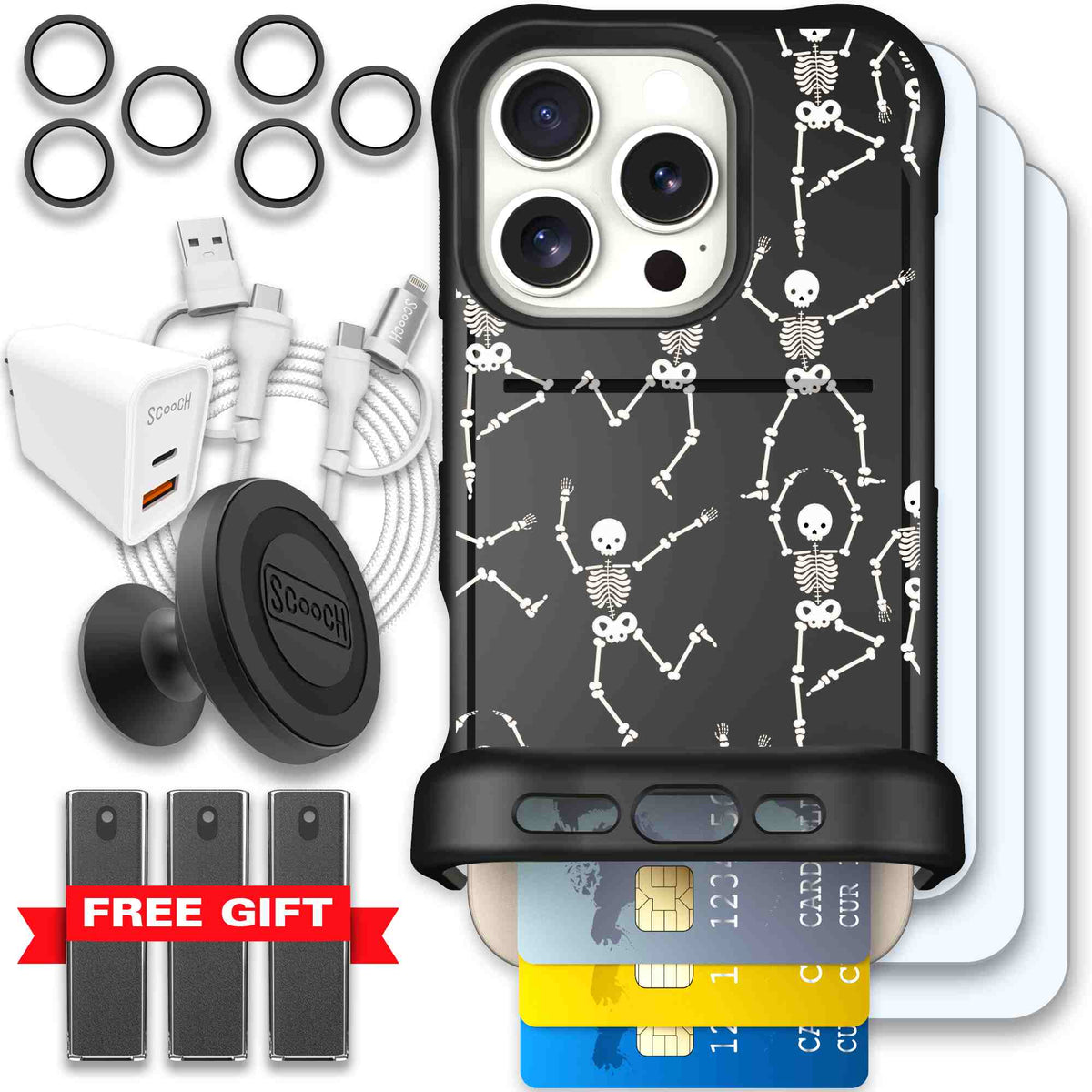 Swinging Skeletons white dancing skeleton pattern on a black Scooch Wingmate case for iPhone 16 Pro - Ultimate Bundle