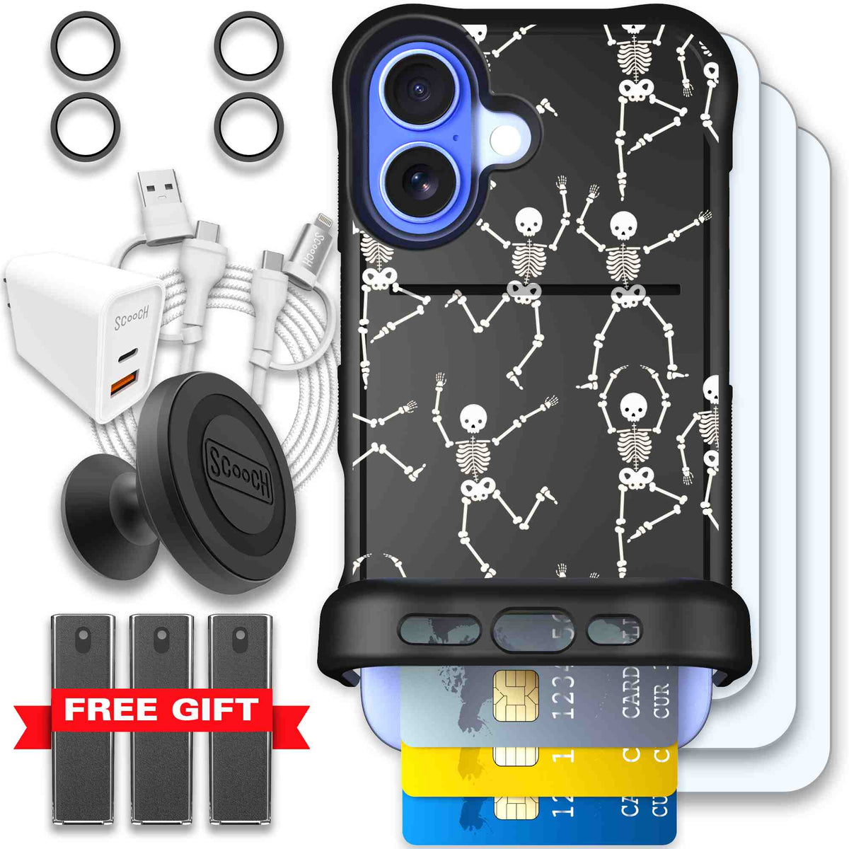 Swinging Skeletons white dancing skeleton pattern on a black Scooch Wingmate case for iPhone 16 - Ultimate Bundle