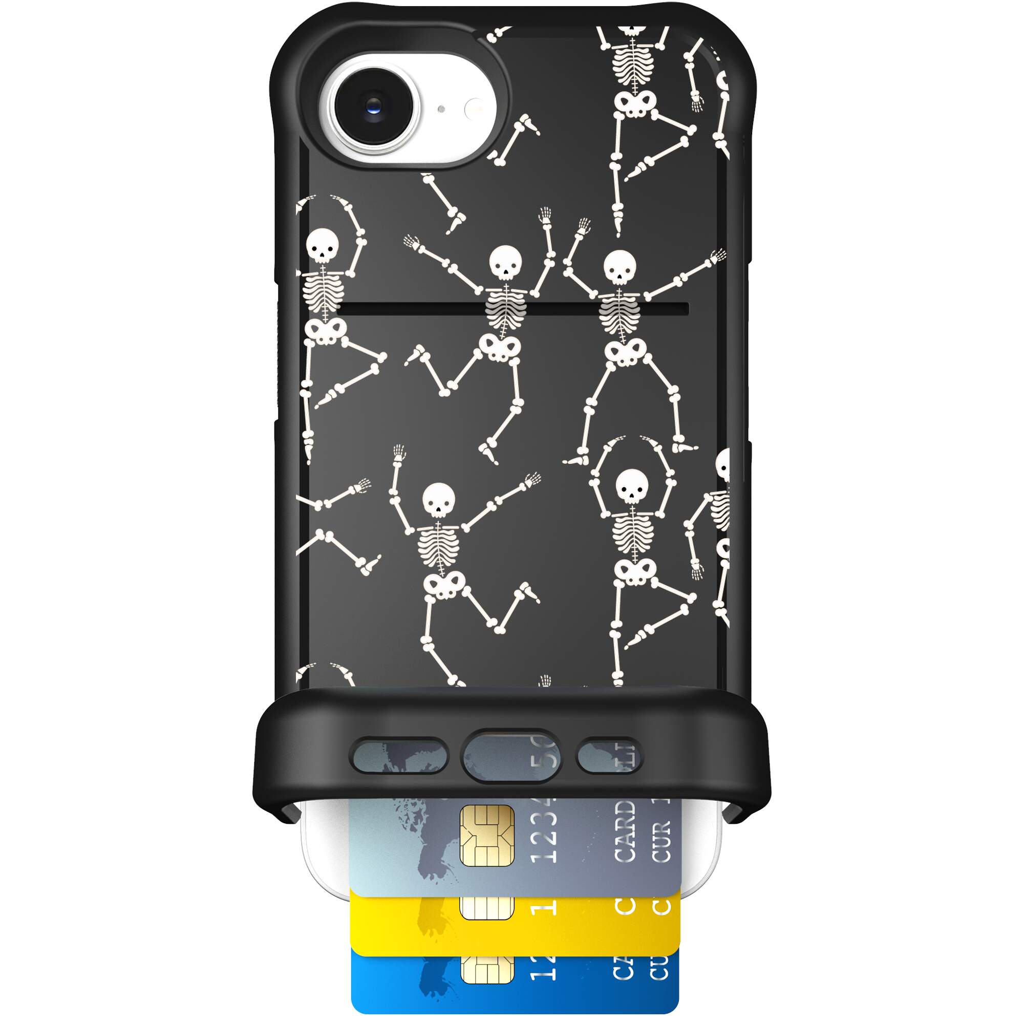 Swinging Skeletons white dancing skeleton pattern on a black Scooch Wingmate case for iPhone 17e