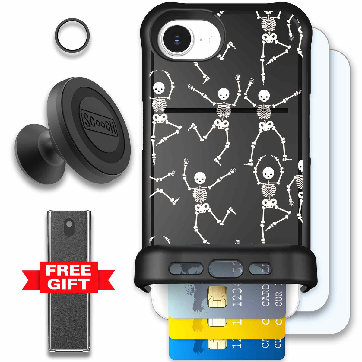 Swinging Skeletons white dancing skeleton pattern on a black Scooch Wingmate case for iPhone 17e - Defender Bundle