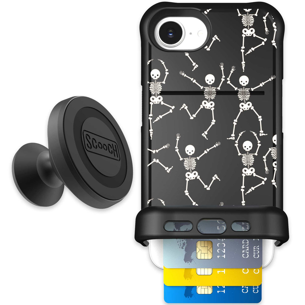Swinging Skeletons white dancing skeleton pattern on a black Scooch Wingmate case for iPhone 17e - Starter Bundle