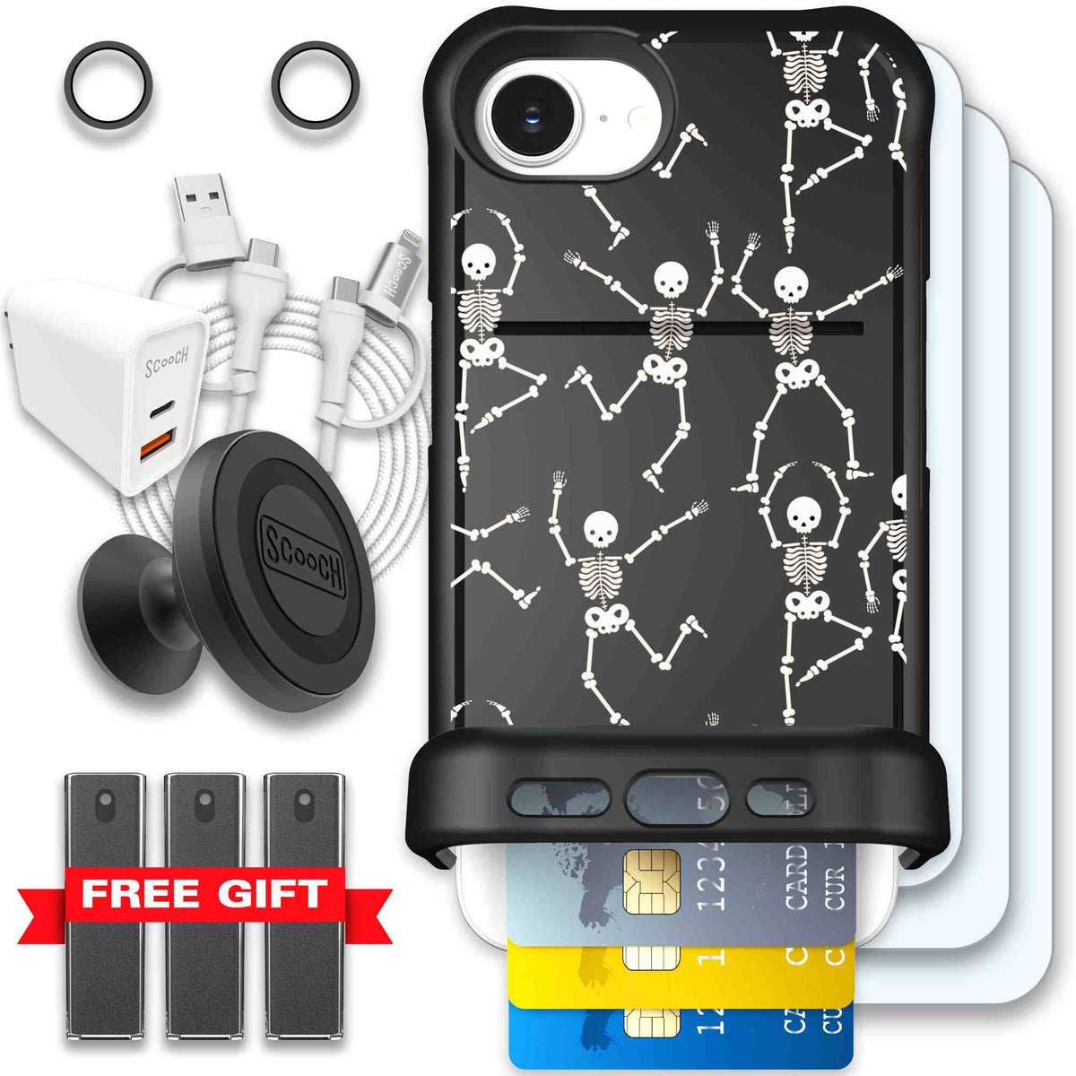 Swinging Skeletons white dancing skeleton pattern on a black Scooch Wingmate case for iPhone 17e - Ultimate Bundle