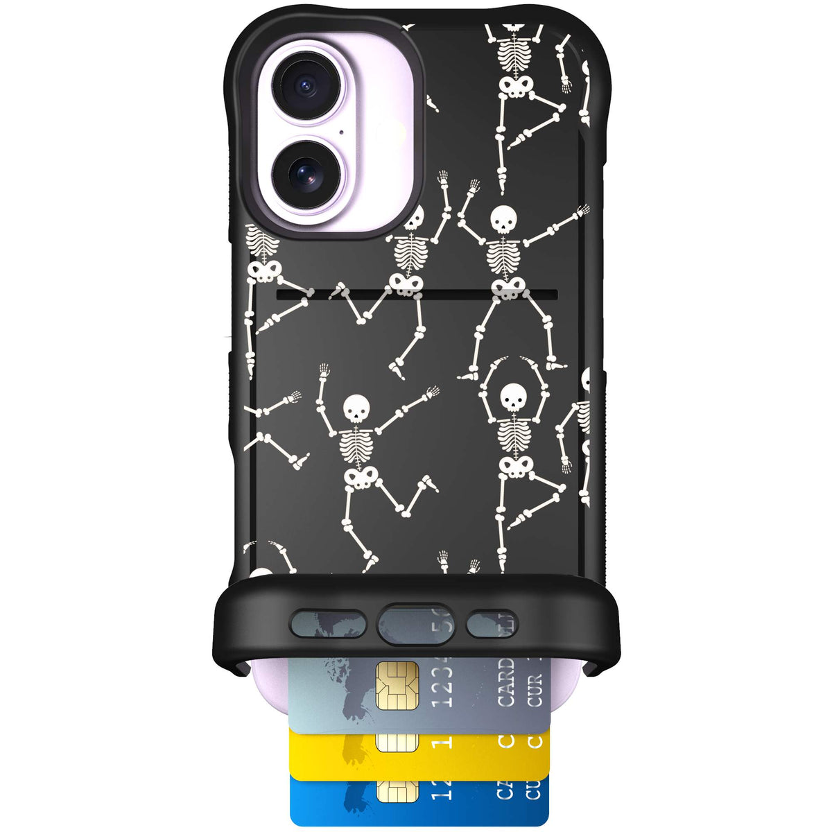 Swinging Skeletons white dancing skeleton pattern on a black Scooch Wingmate case for iPhone 17