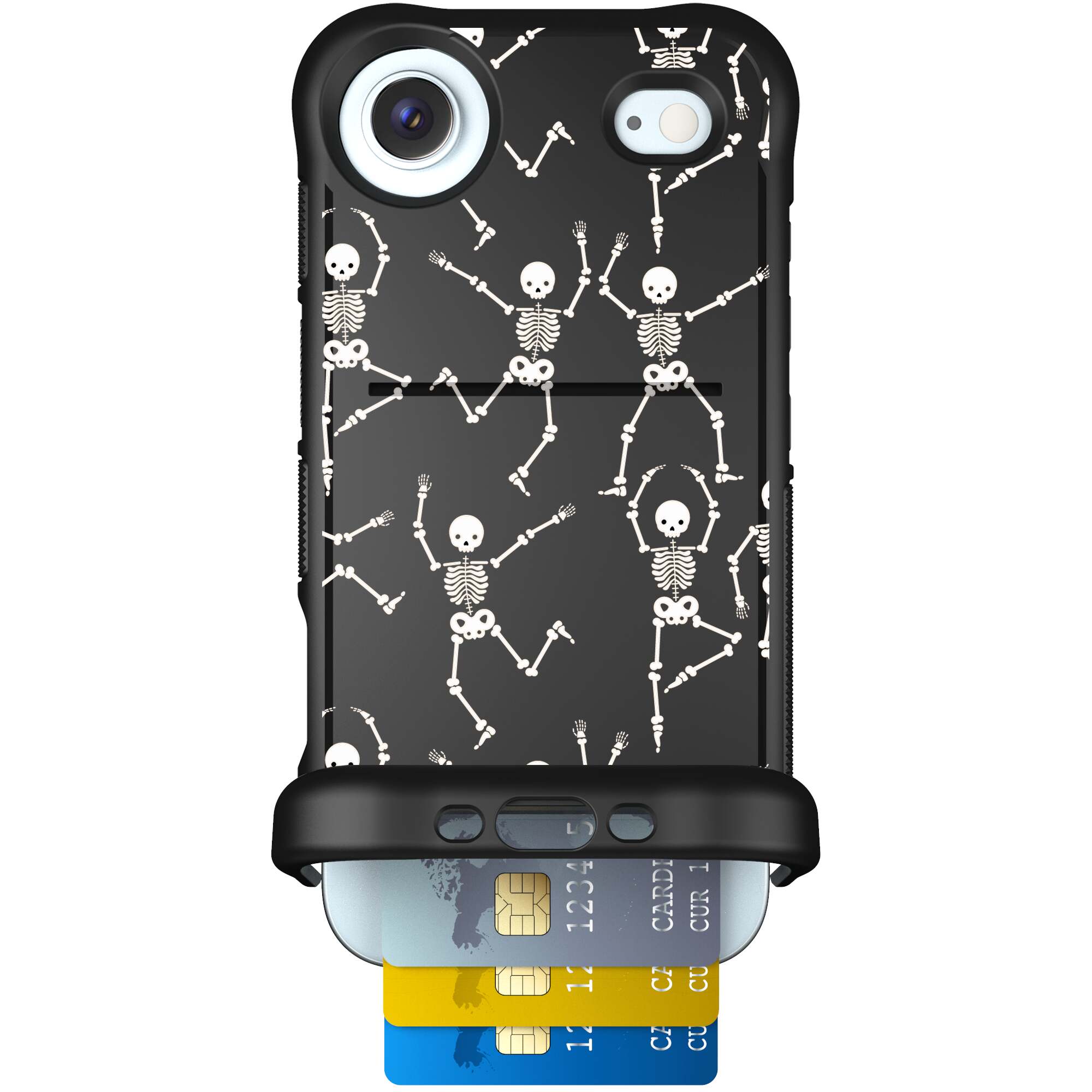 Swinging Skeletons white dancing skeleton pattern on a black Scooch Wingmate case for iPhone Air