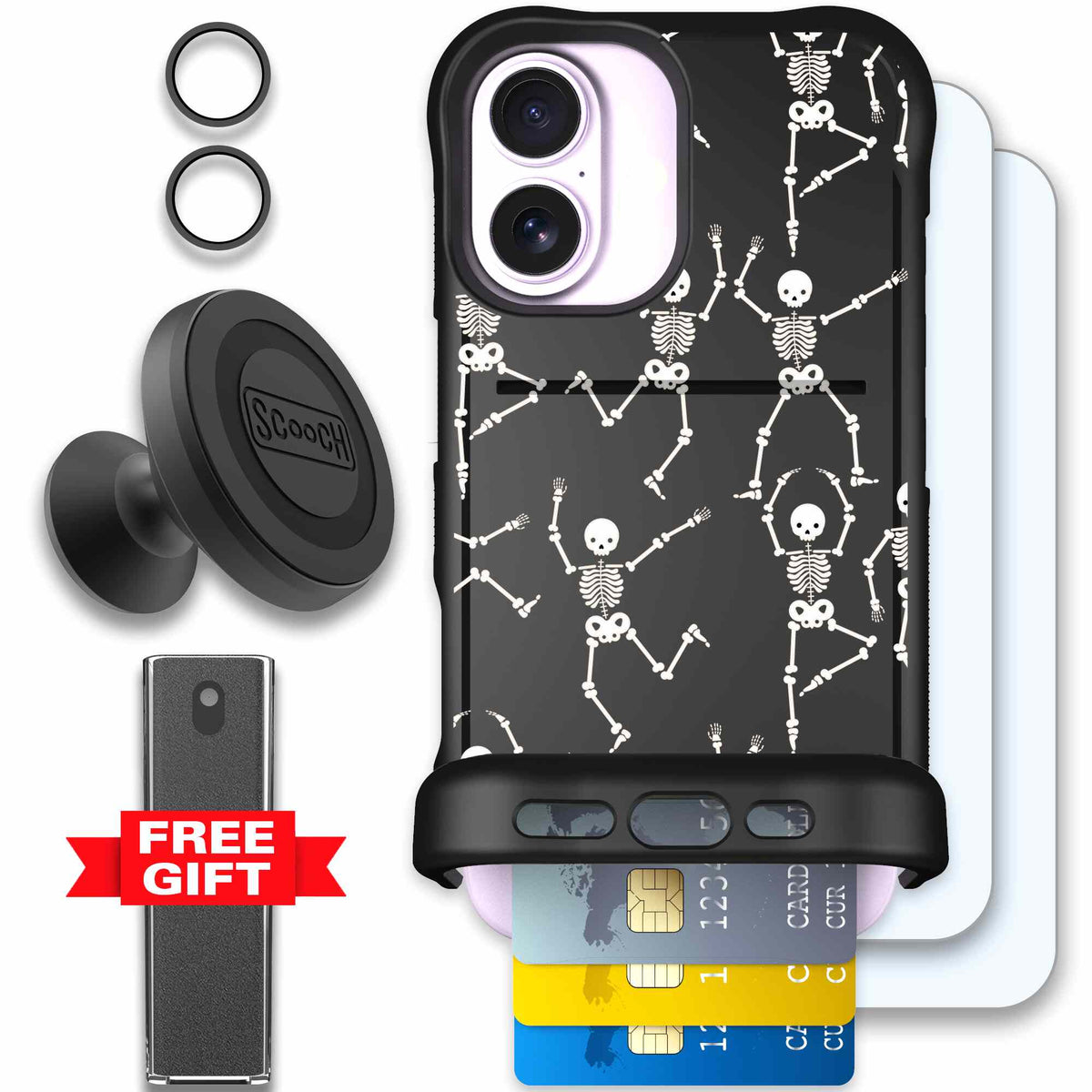 Swinging Skeletons white dancing skeleton pattern on a black Scooch Wingmate case for iPhone 17 - Defender Bundle