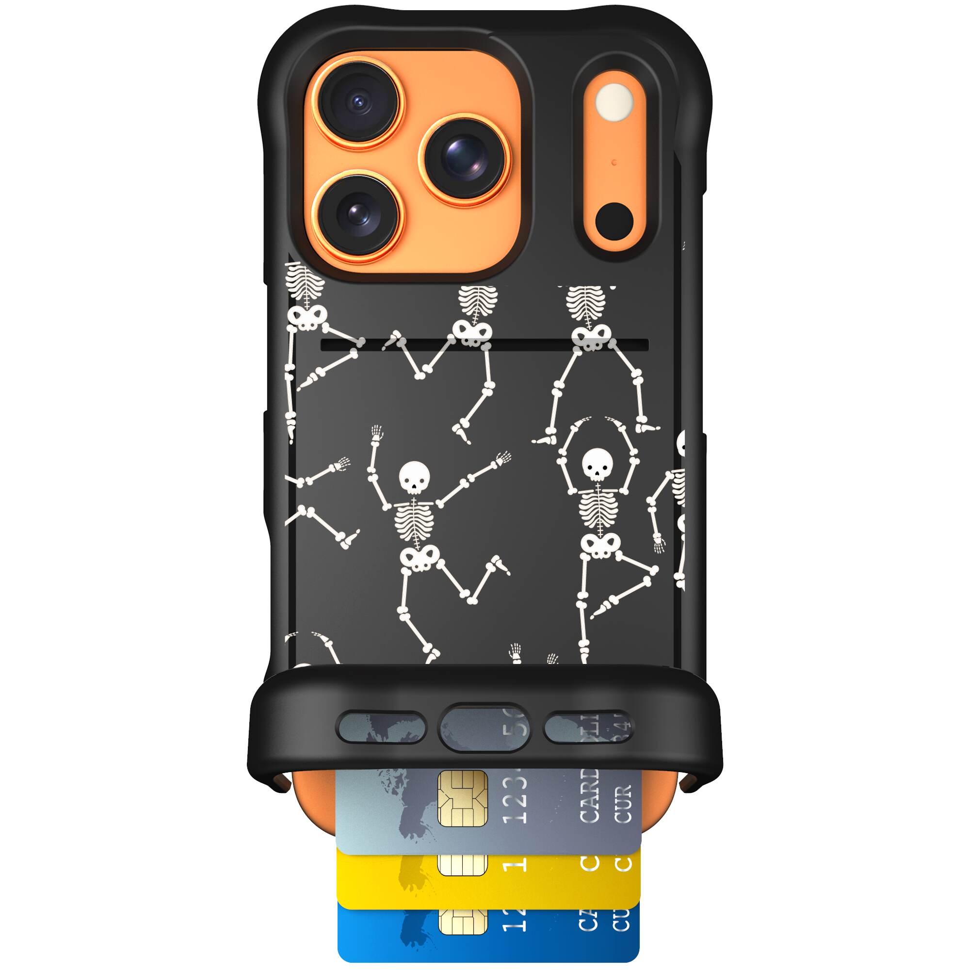 Swinging Skeletons white dancing skeleton pattern on a black Scooch Wingmate case for iPhone 17 Pro