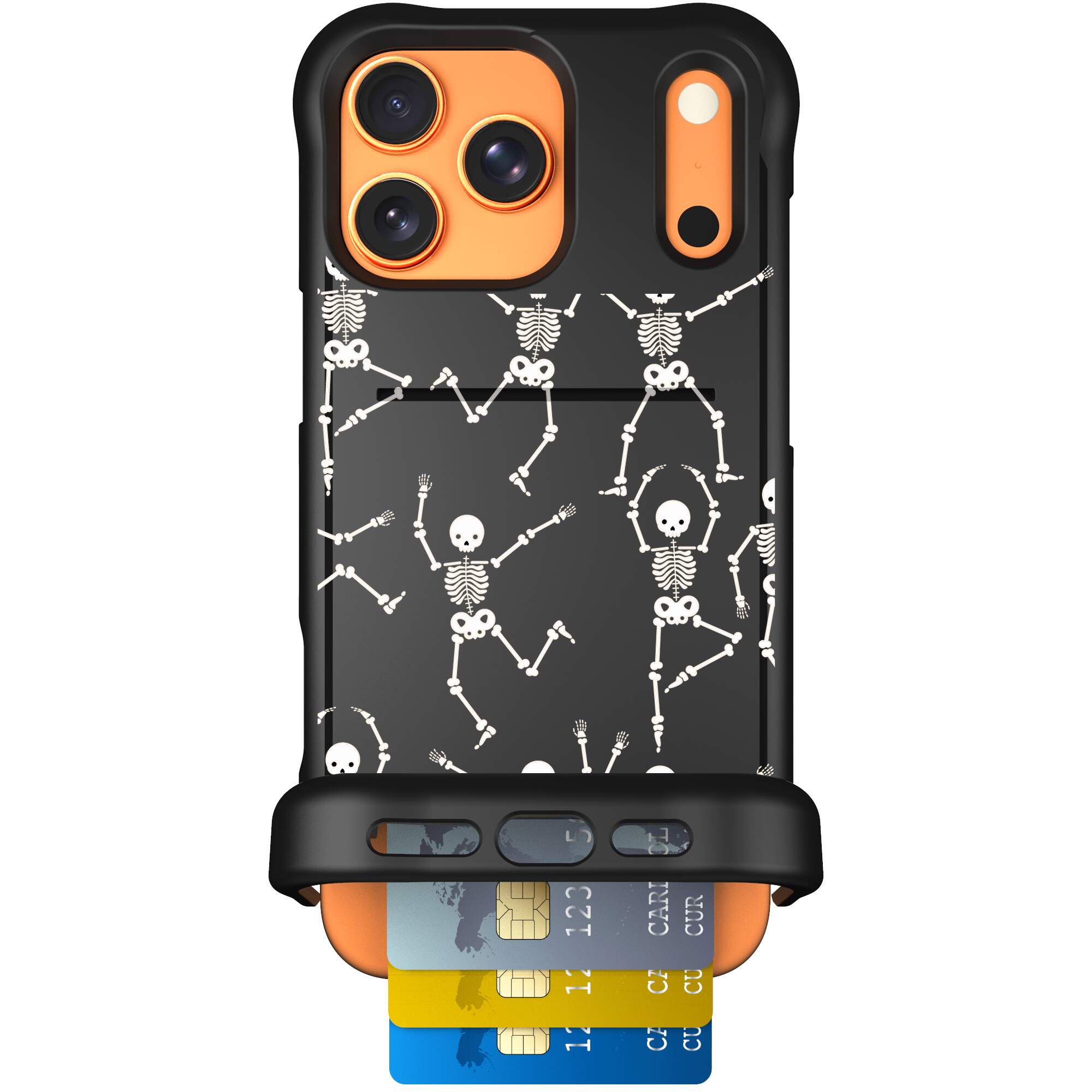 Swinging Skeletons white dancing skeleton pattern on a black Scooch Wingmate case for iPhone 17 Pro Max