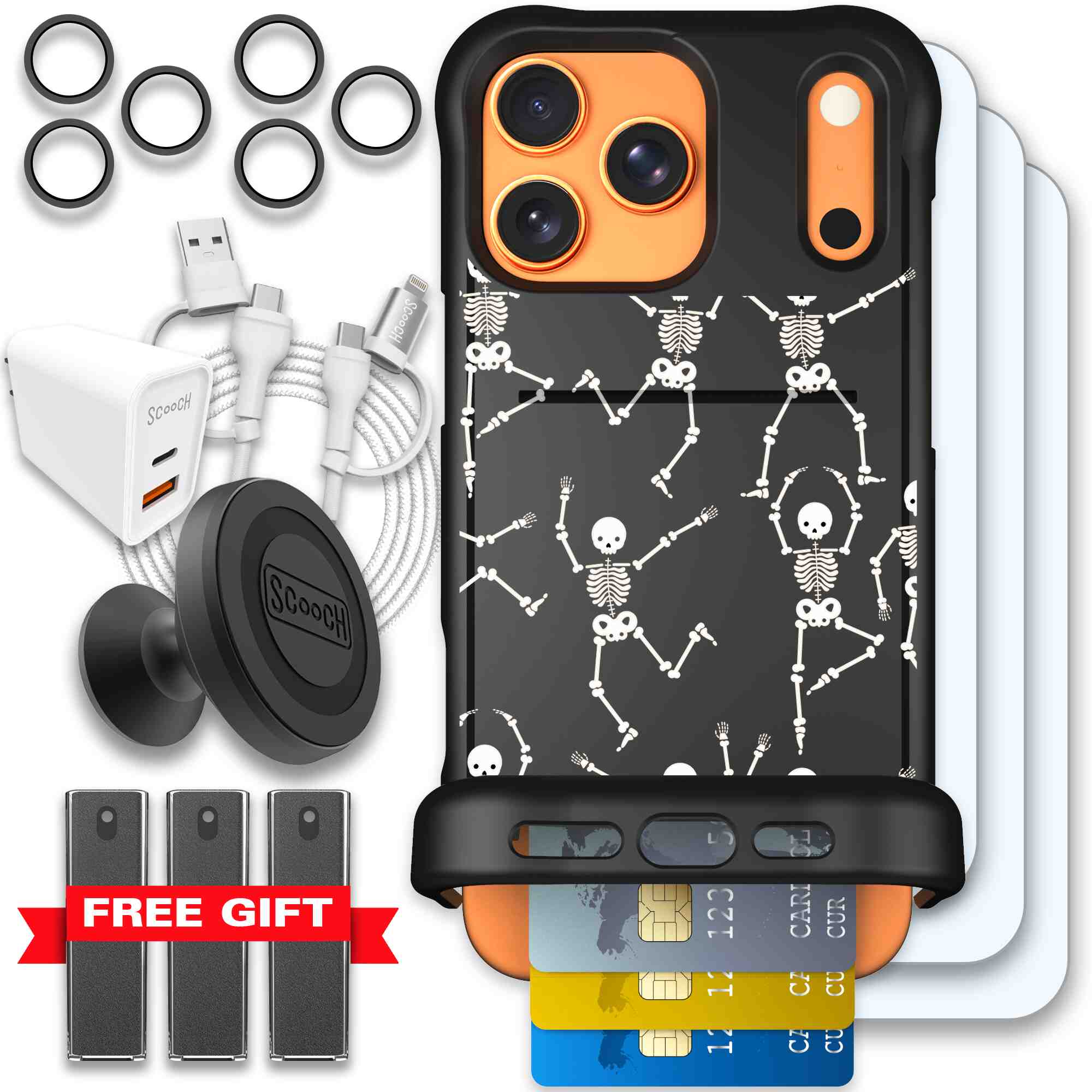Swinging Skeletons white dancing skeleton pattern on a black Scooch Wingmate case for iPhone 17 Pro Max - Ultimate Bundle