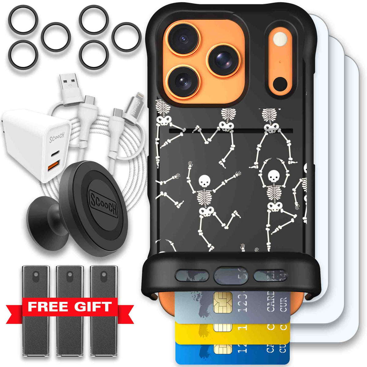 Swinging Skeletons white dancing skeleton pattern on a black Scooch Wingmate case for iPhone 17 Pro - Ultimate Bundle